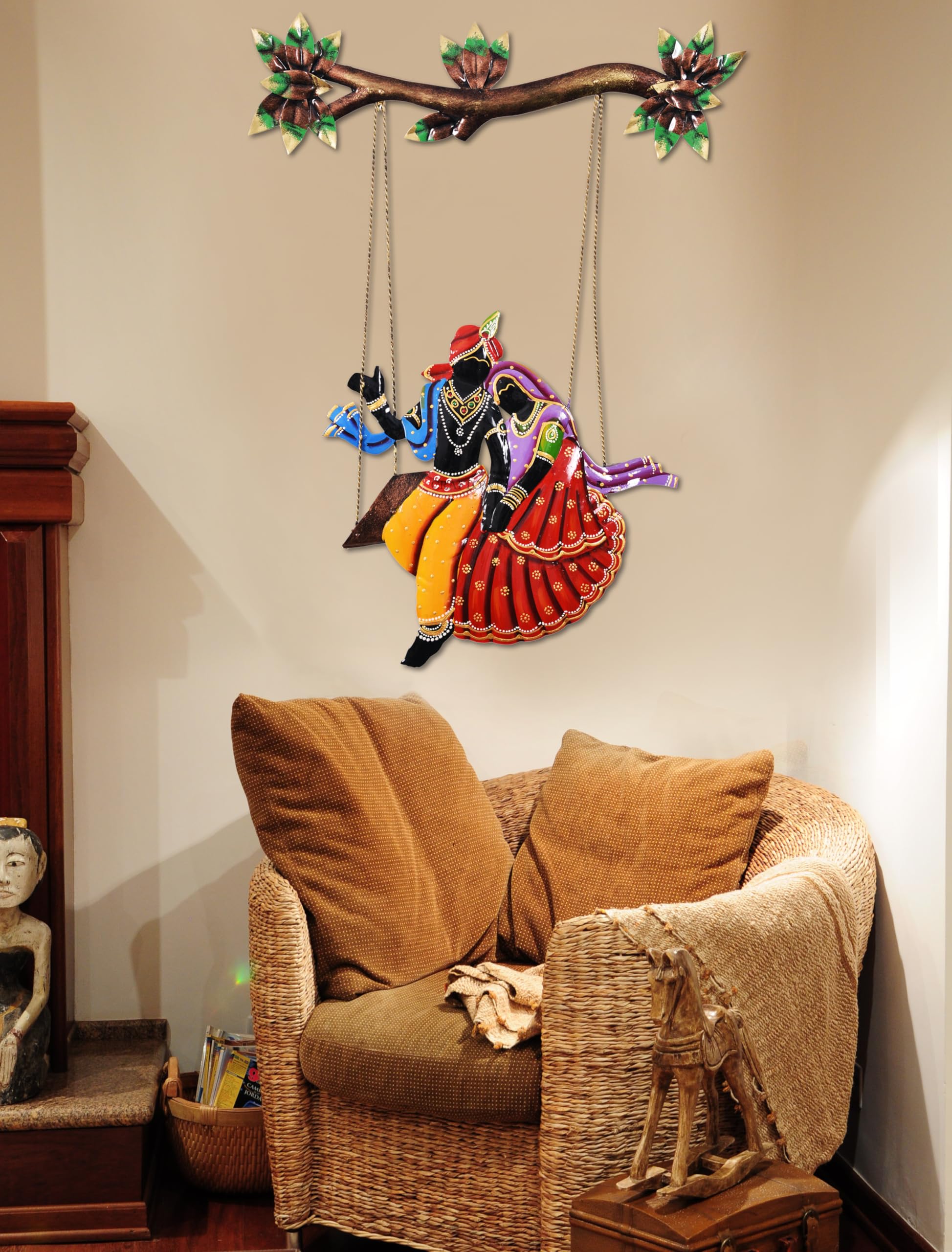 CRAFTBEE Handcrafted Metal Radha Krishna on Jhula Wrought Wall Hanging Figurine Showpiece Rajasthani Gift for Home Decor & Livin