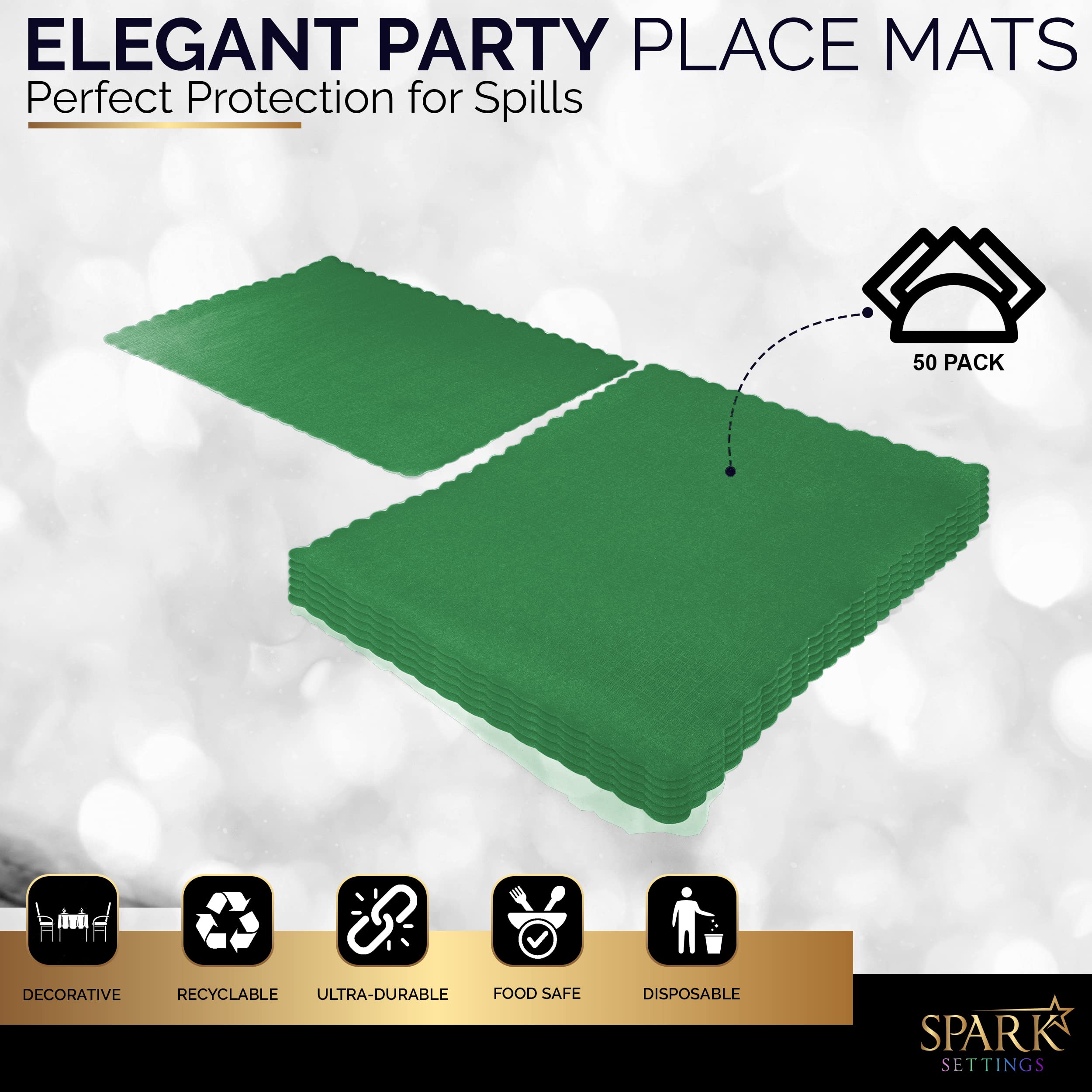 Paper Placemat Disposable  Green Place Mats with Scalloped Edges  Durable Paper Placemat for Holiday Wedding Party Supplies Decor  9.75 X 14 Inches  Pack of 50 - by SparkSettings