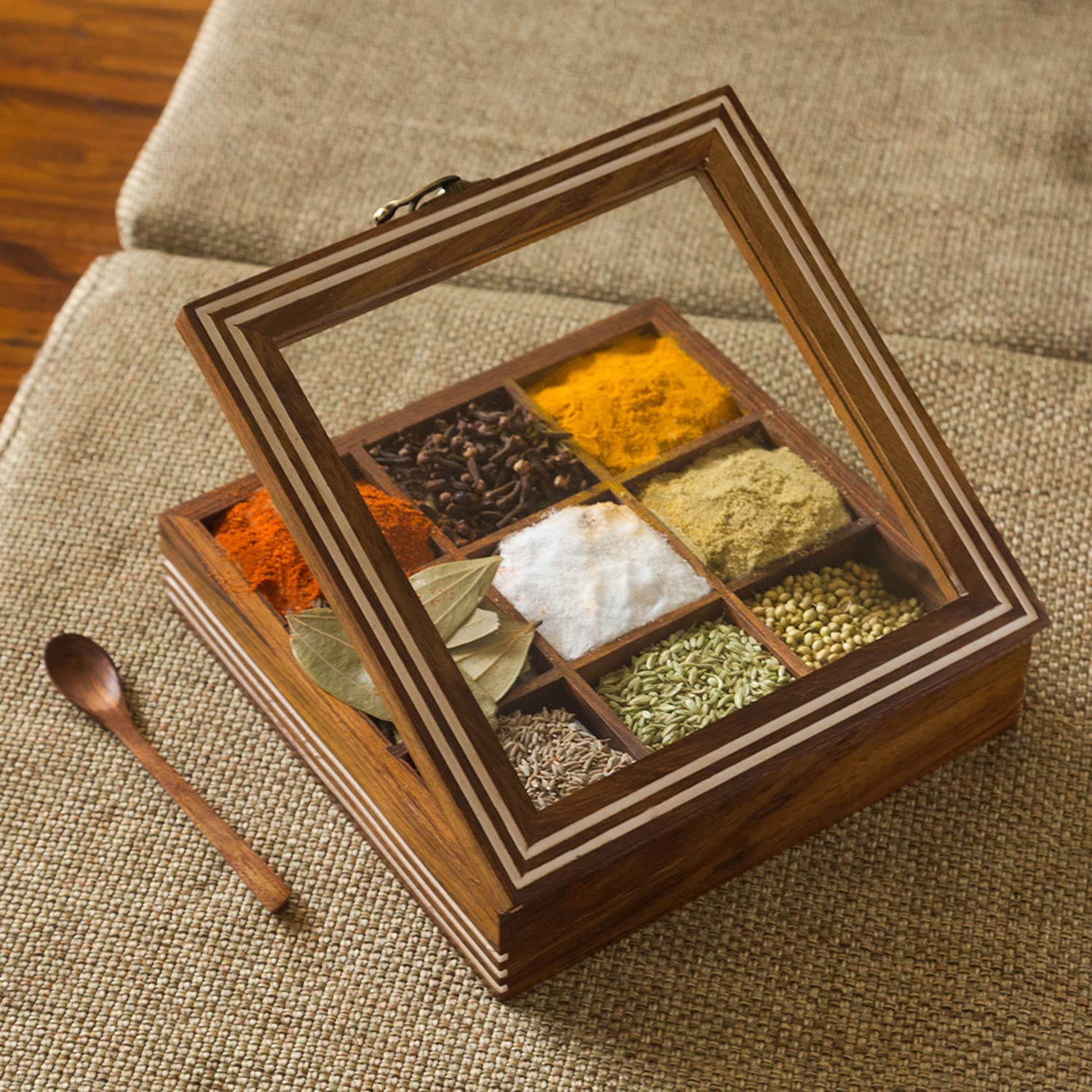 ExclusiveLane Wooden Spice Box | Masala Dabba with 9 Compartments | Size - 8x8x2 inches | Namak Daani with Spoon & See Through L