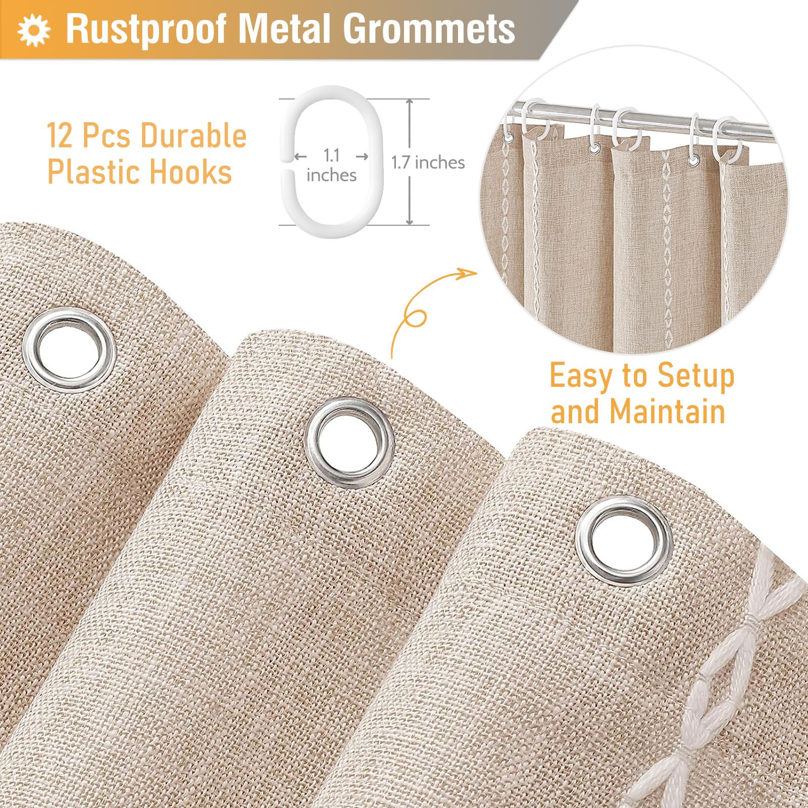 Bttn Boho Farmhouse Shower Curtain, Linen Rustic Heavy Duty Striped Fabric Shower Curtain Set With Tassel, Water Repellent, Bohe