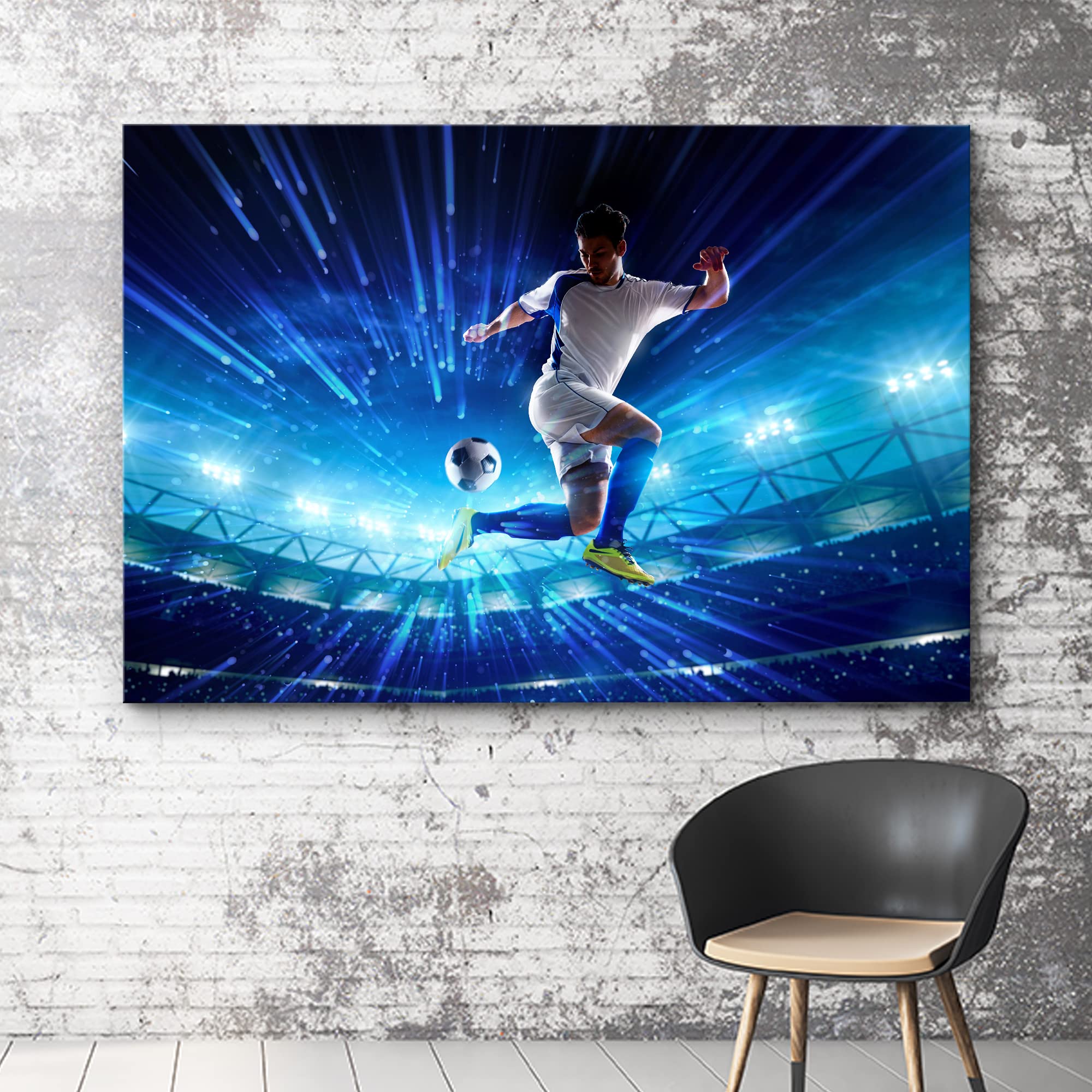 Wall26 Canvas Print Wall Art Neon Light Soccer Ball Player Kicking Ball Athletes Sports & Fitness Photography Realism Decorative