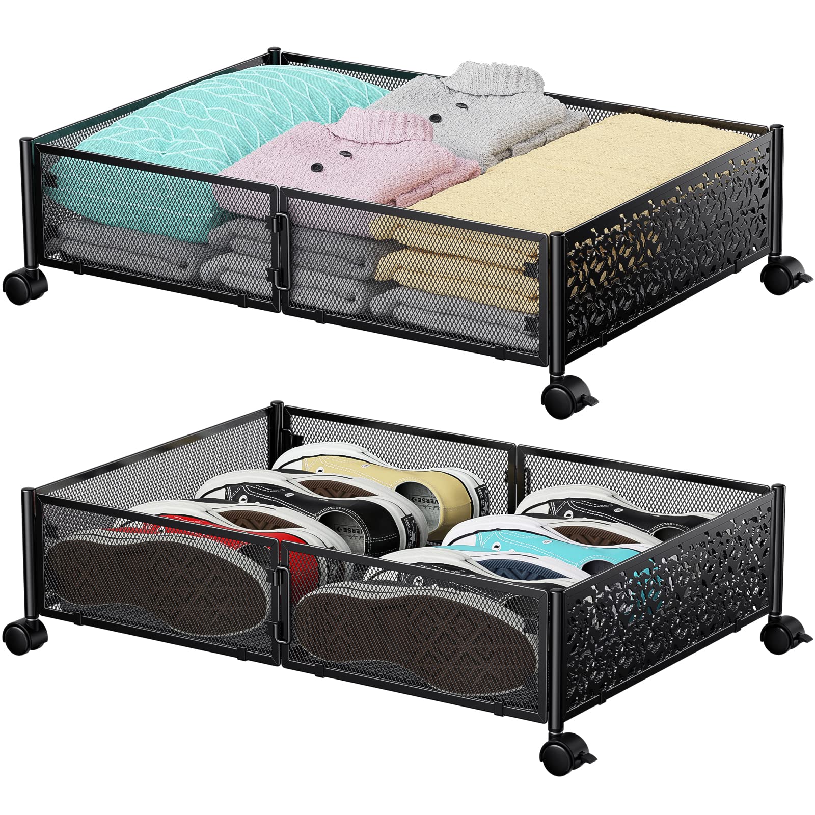 Under Bed Storage Containers with Wheels, Under Bed Shoe Storage Organizer Drawer, Tool-free Assembly Metal Storage Containers f