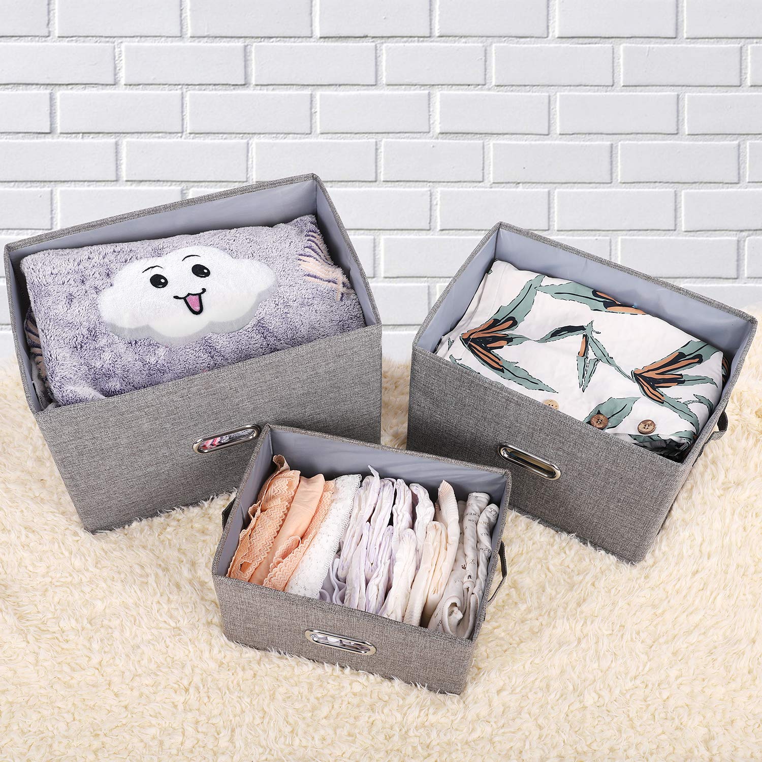 Valease Large Linen Collapsible Storage Bins with Removable Lids and Handles  Washable Storage Box Containers Baskets Cube with Cover for Bedroom Closet Office Living Room Nursery (Grey  Large)