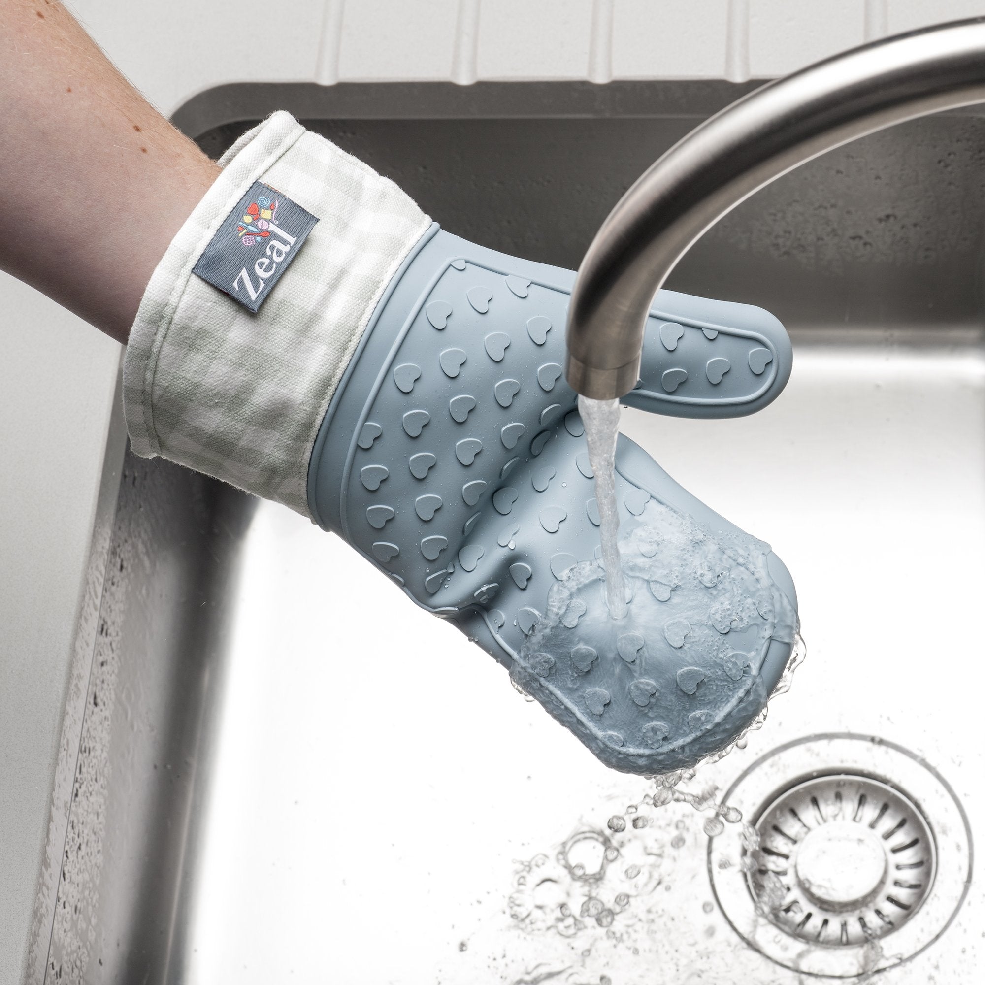 Zeal Silicone Heavy Duty Single Oven Mitt Glove Gingham Duck Egg Blue (11.5/28.5 Cm Long)