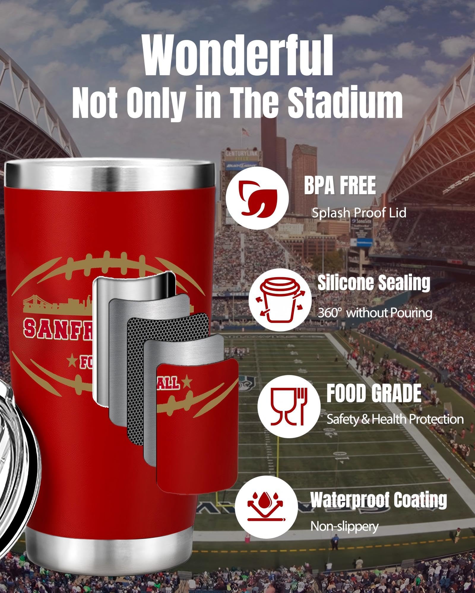 Football Fan 20 Oz Insulated Travel Coffee Cup Mug Tumbler with Lid San Francisco Themed Merch Shop Men Women Sport Stuff Gear A