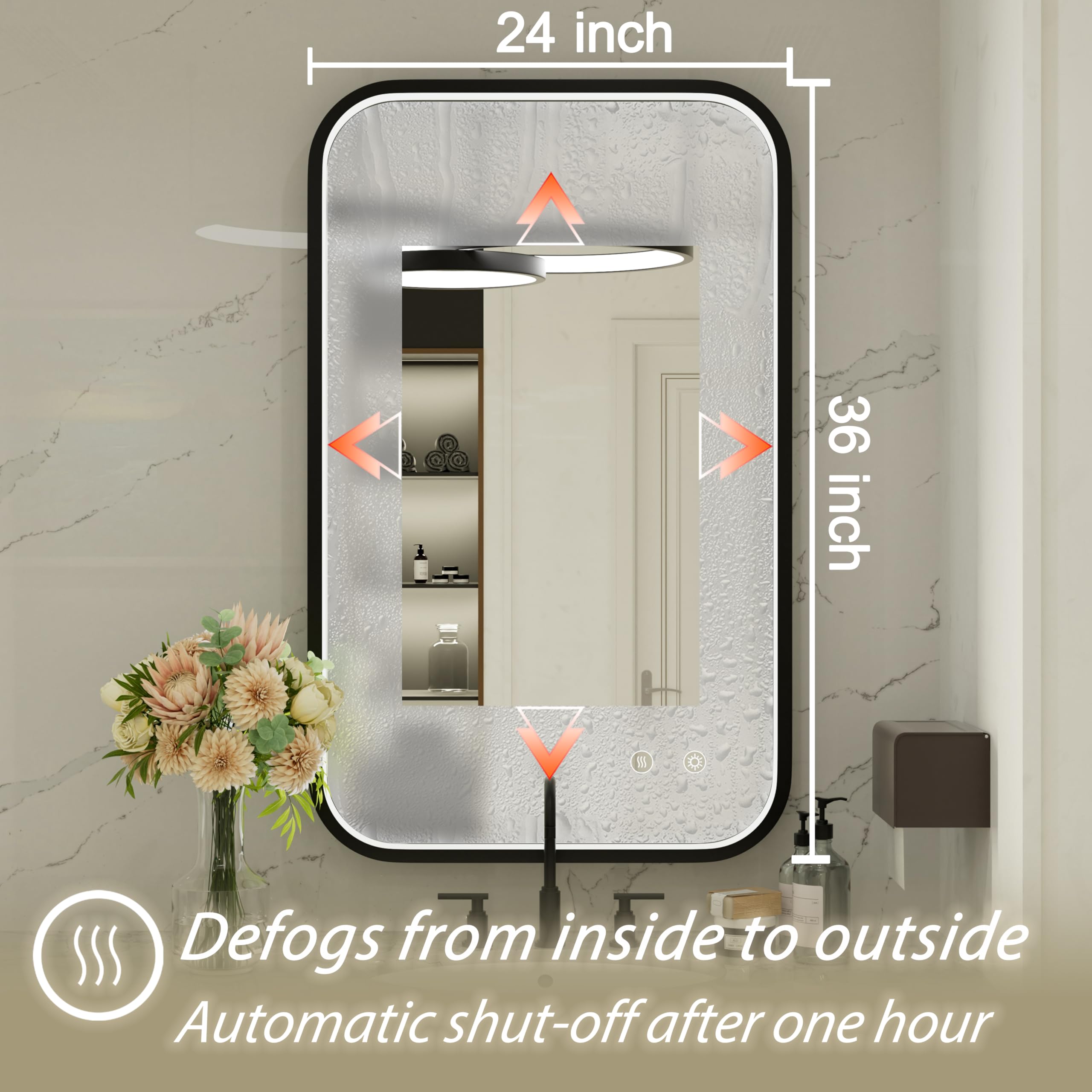 Jsneijder 24X36 Inch Led Bathroom Mirror With Black Frame, Wall Mounted Lighted Mirror For Bathroom, Stepless Dimmable Anti-Fog