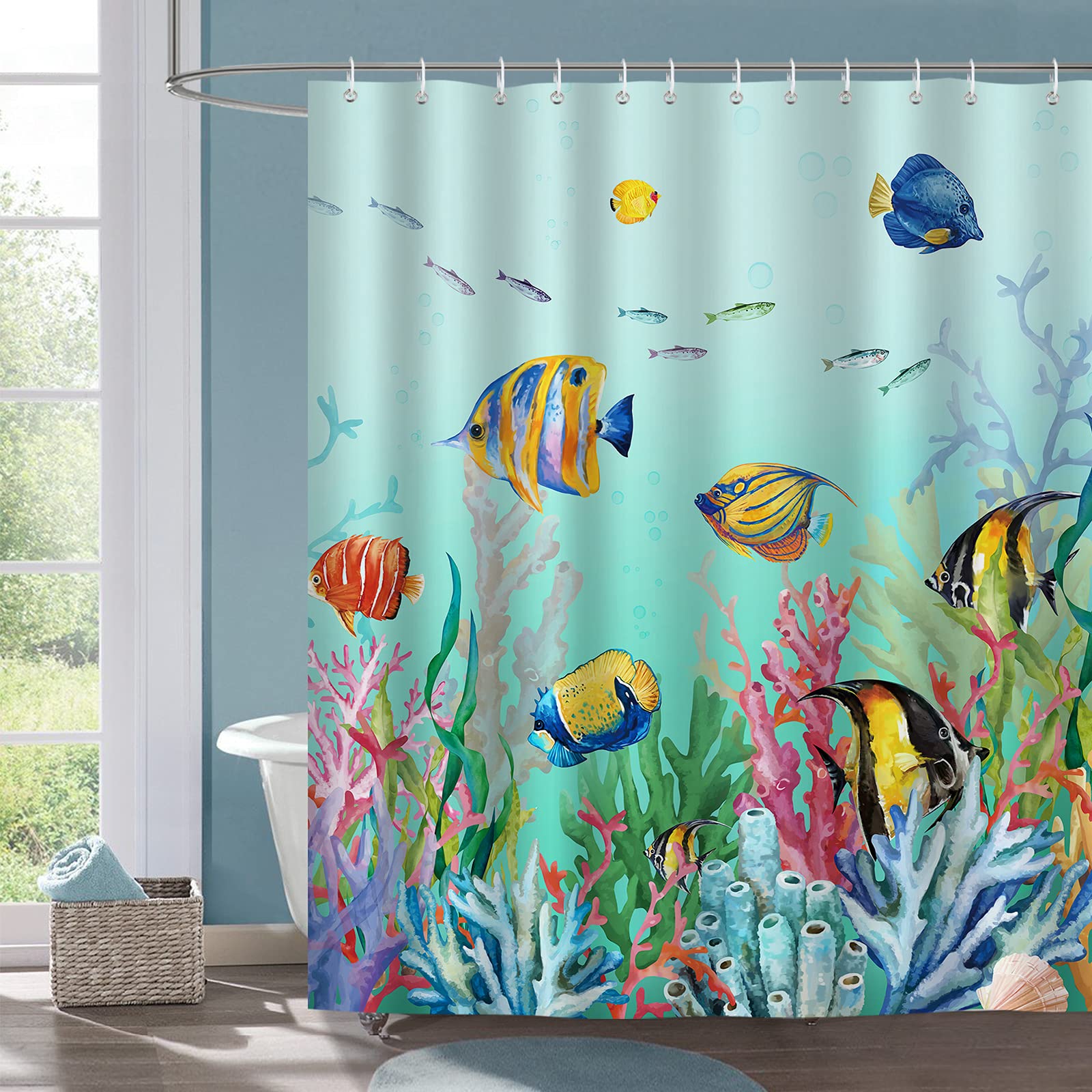 Bonhause Ocean Fish Shower Curtain For Kids Tropical Fish Coral Underwater Blue Decorative Bath Curtain 72 X 72 Inch Polyester F
