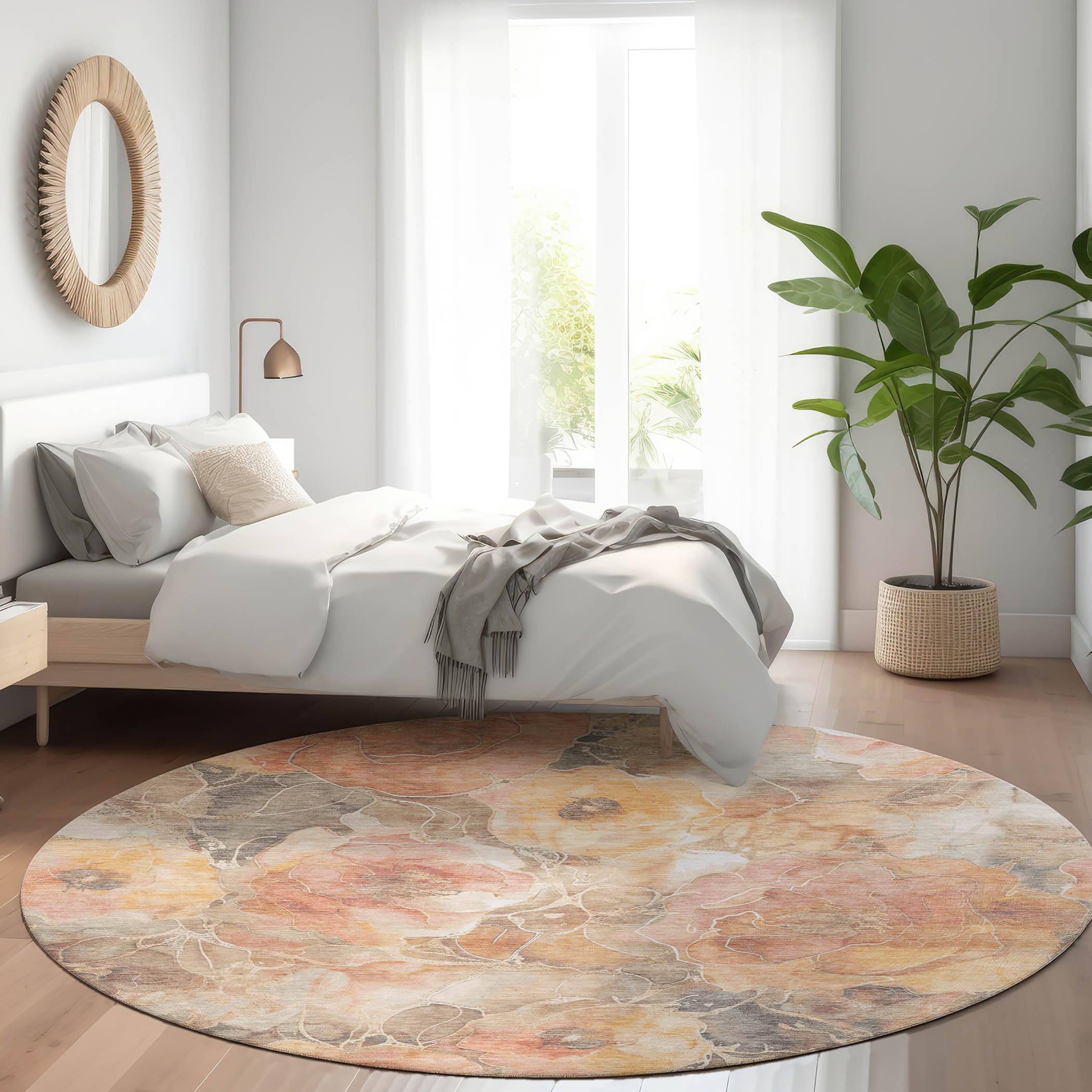 Machine Washable Indoor/Outdoor Chantille Peach 8 x 8 Round Rug