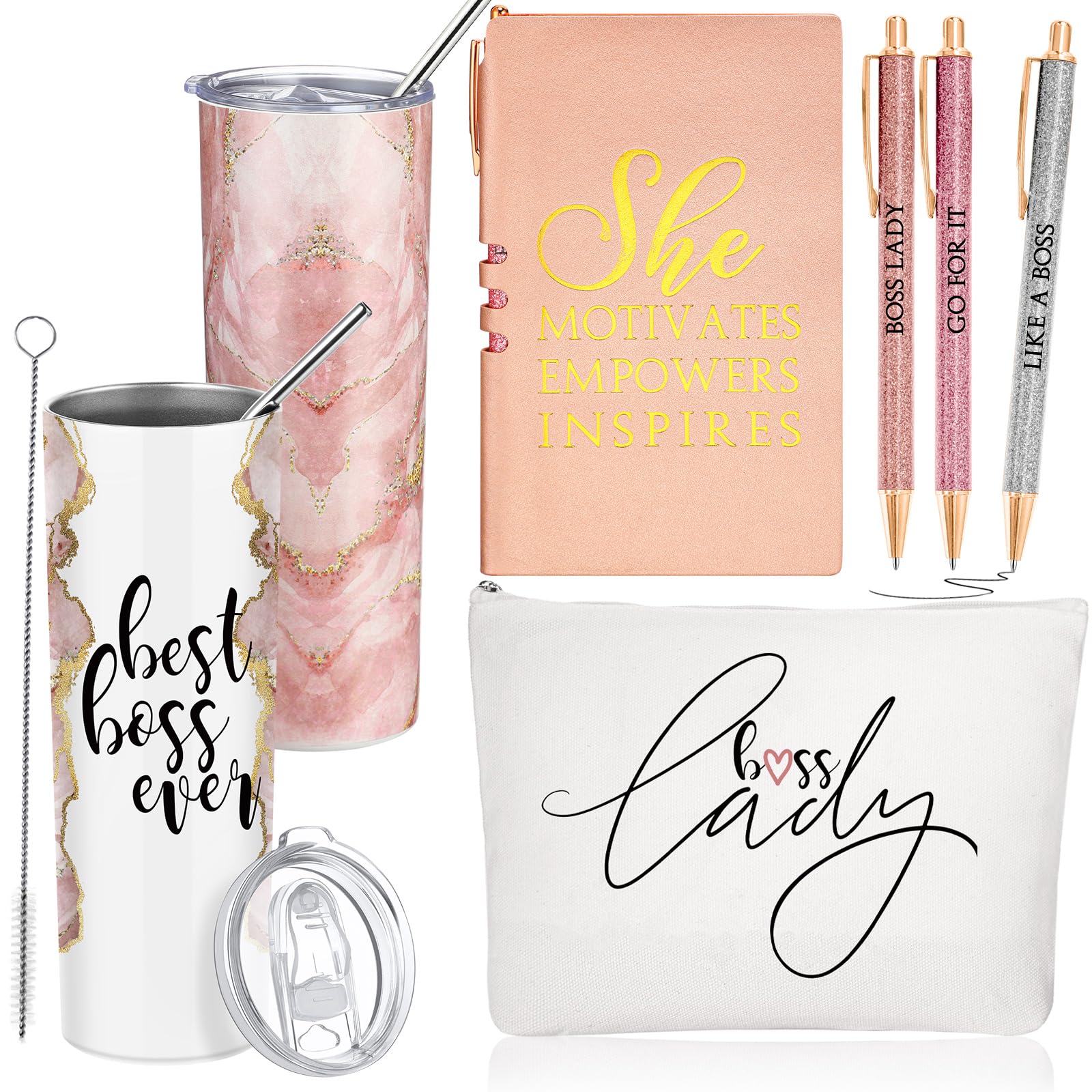 Domensi 6 Pcs Best Boss Birthday Gift Set Thank You for Women Boss Day Appreciation Day Gift 20oz Rustic Marble Sign Tumbler Mak
