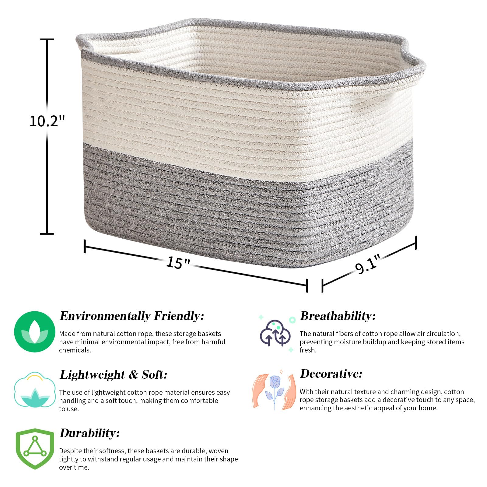R Runka Cotton Rope Storage Basket Set Of 3 (15''X10.2''X9.1'') - Rectangle Storage Bins - Versatile Toy Storage Organizer - Per