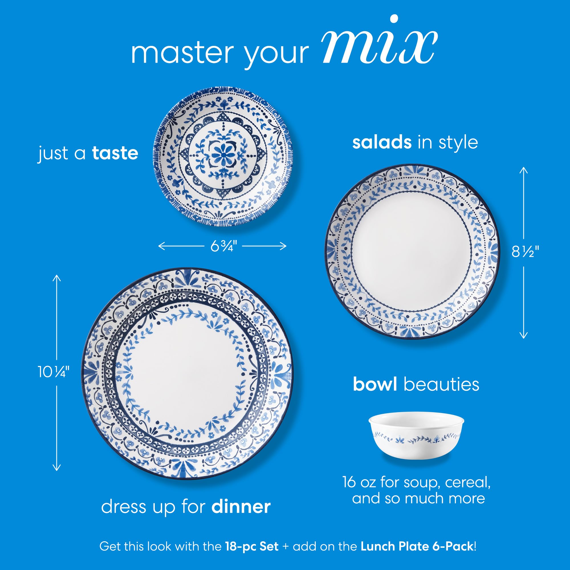 Corelle Vitrelle 6-Piece Appetizer Plates Set, Triple Layer Glass And Chip Resistant, 6-3/4-Inch Lightweight Round Plates, Porto