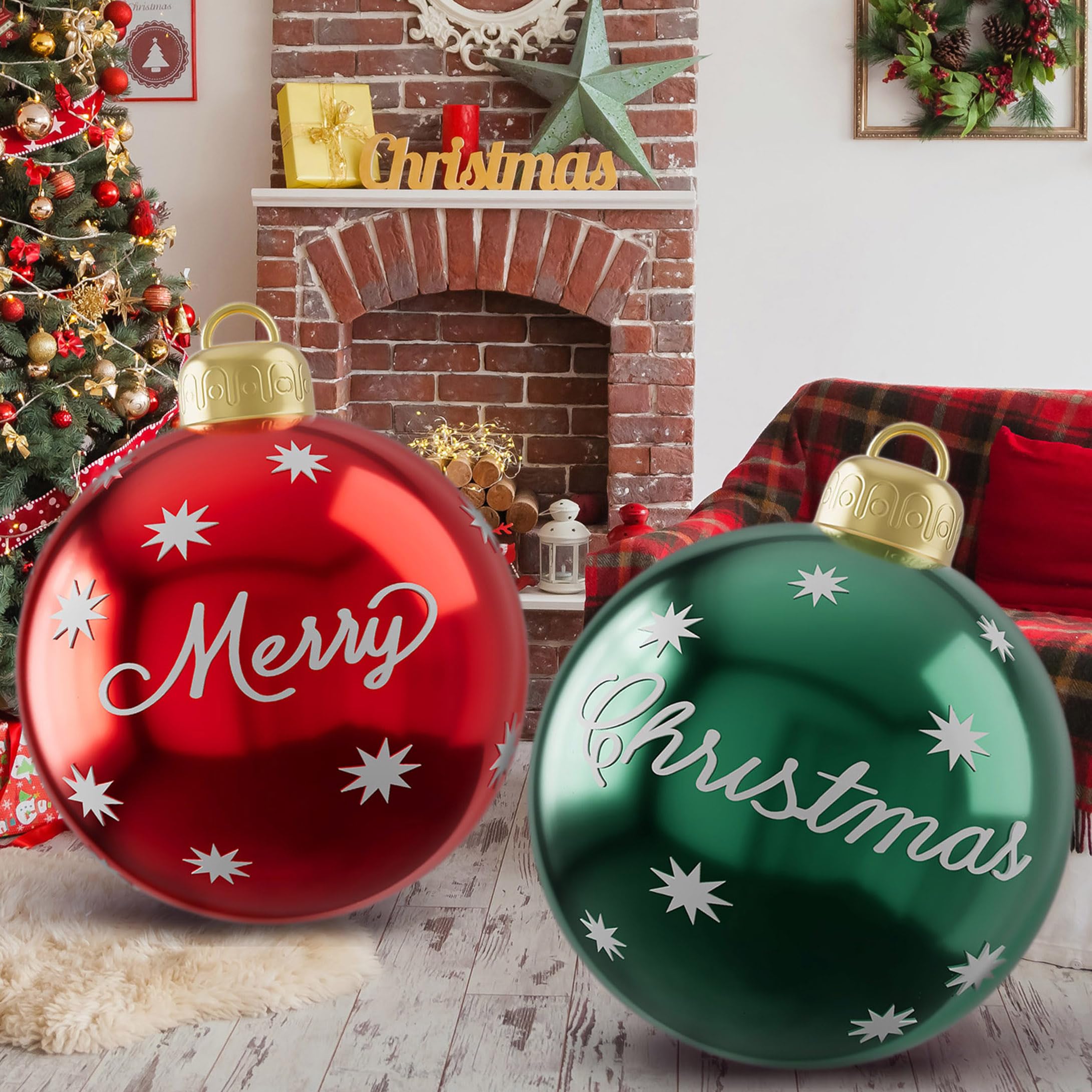 2Pcs 24 Inch PVC Inflatable Christmas Balls Xmas Giant Inflatable Ornaments Balls, Outdoor Inflatables Christmas Ornaments Ball 