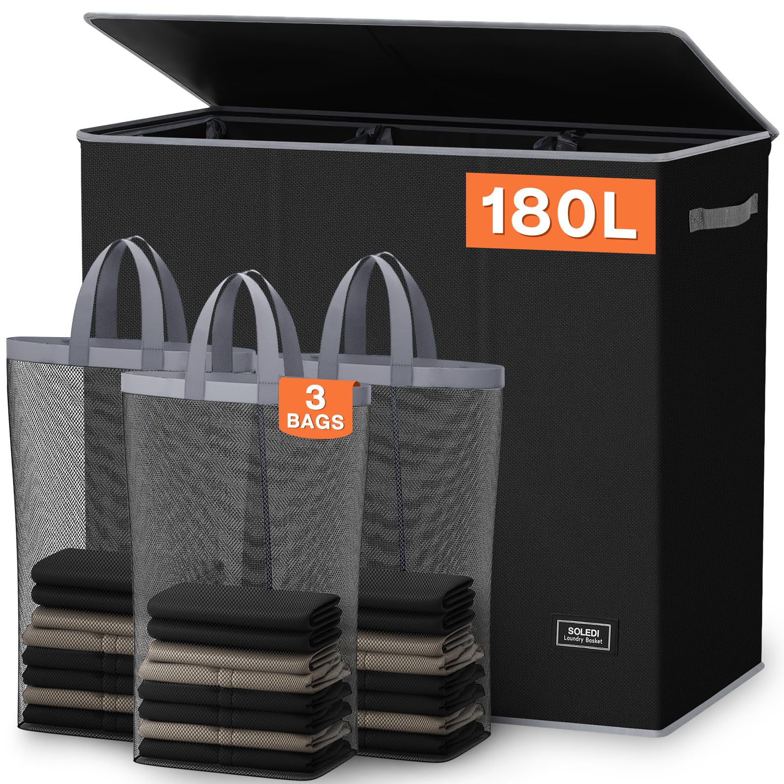Soledi 180L Laundry Hamper 3 Section, Extra Large Laundry Hamper With Lid, Dirty Clothes Hamper With Sturdy Handle, Large Laundr