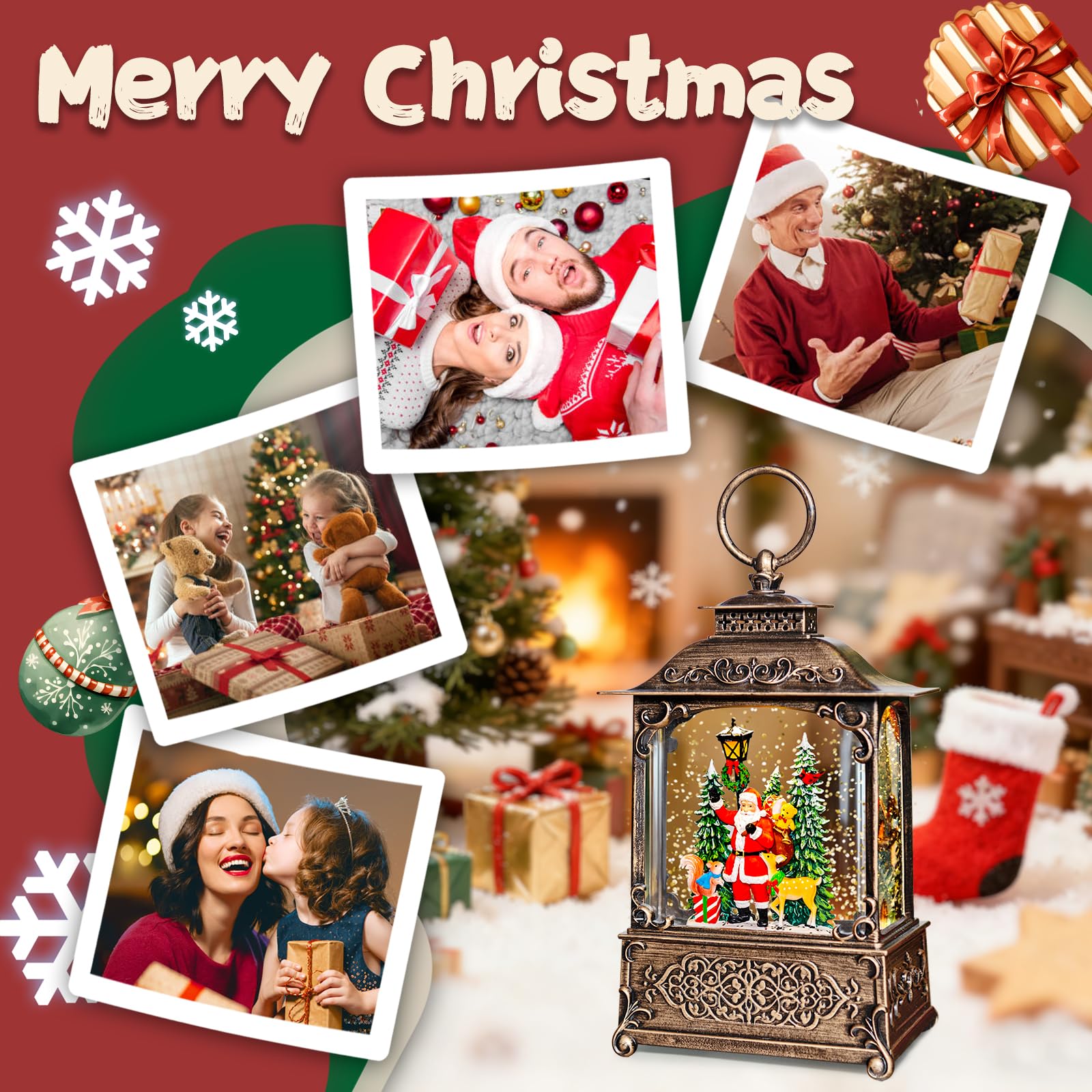 Christmas Snow Globes Lantern, Santa Claus Squirrel & Deer Christmas Decorations Indoor, 6H Timer Battery & USB Powered Light Up