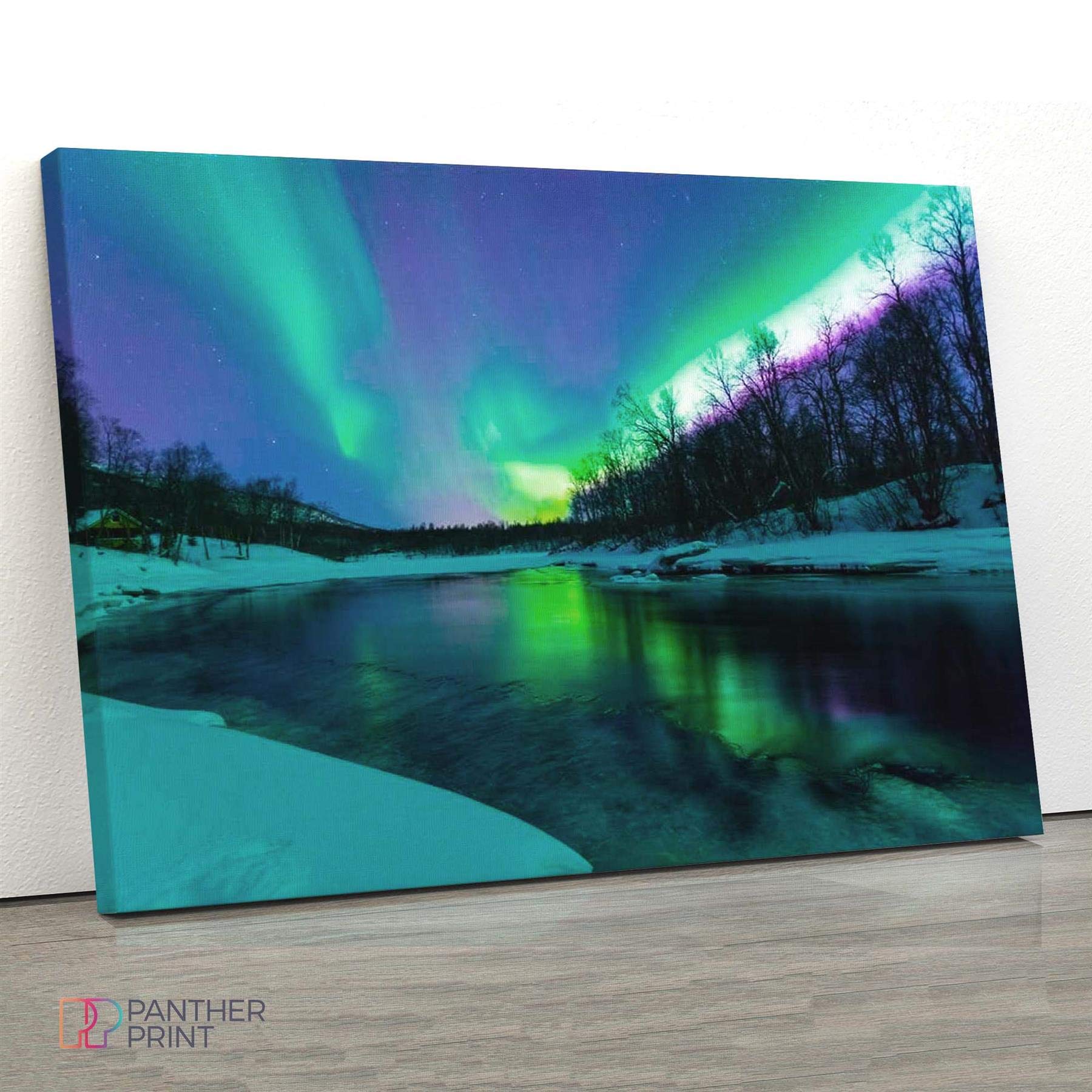 Panther Print, Canvas Wall Art, Winter River Northern Lights Aurora Borealis, Living Room, And Bedroom Framed Art, Quality Pictu