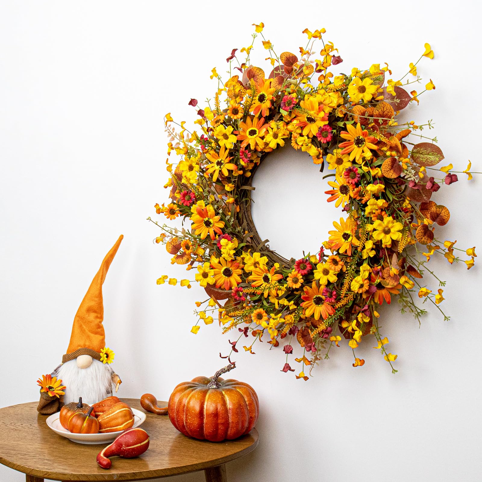 VioletEverGarden Fall Wreaths for Front Door 22 Inch Artificial Fall Wreath Orange Autumn Wreath with Berries and Eucalyptus Lea