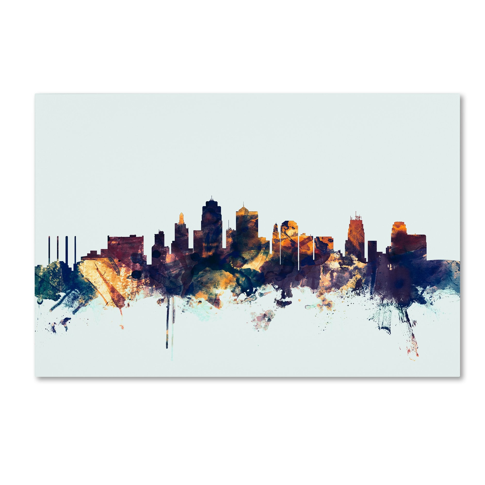 Kansas City Skyline Blue By Michael Tompsett, 16X24-Inch Canvas Wall Art