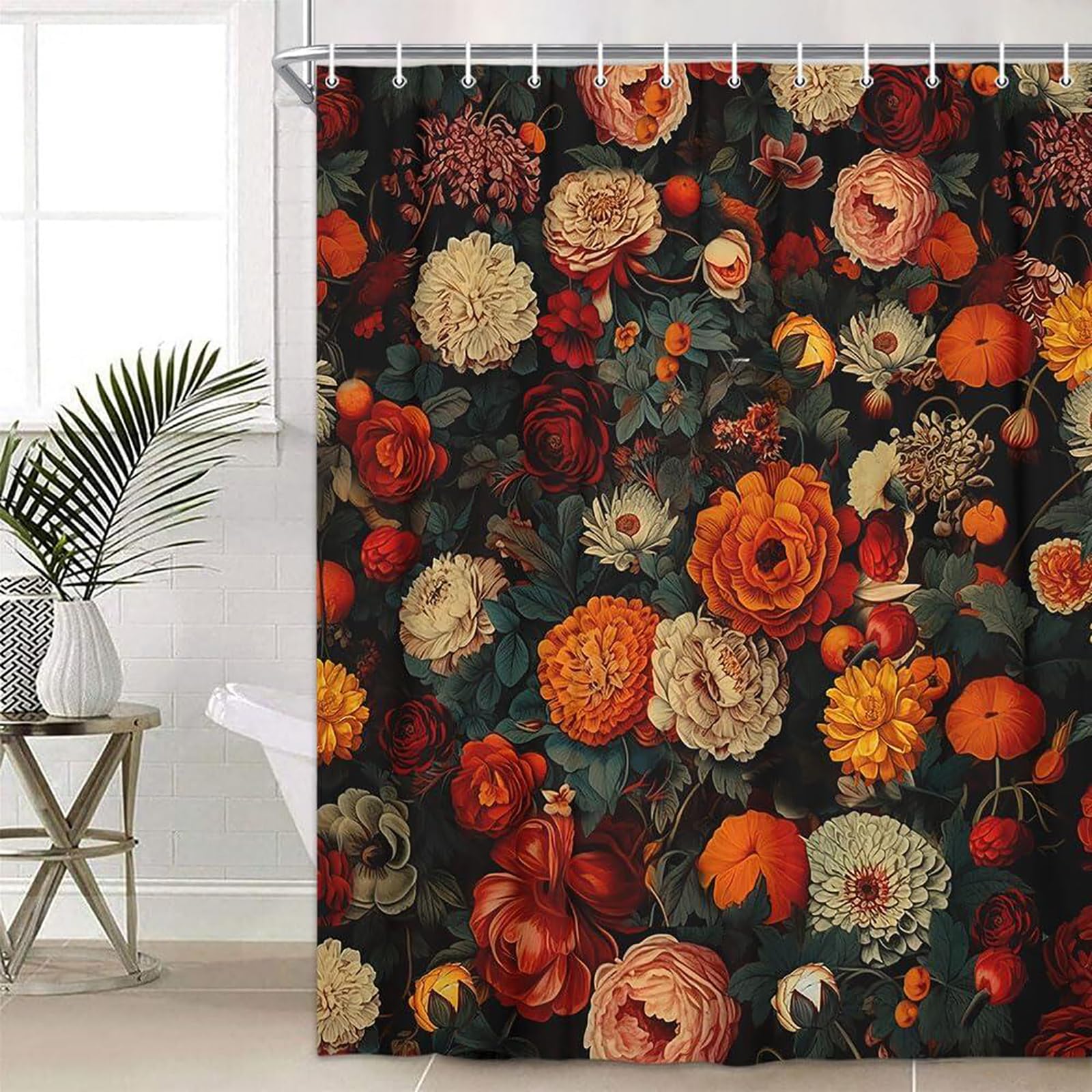 Drgilau Floral Shower Curtain, Vintage Floral Shower Curtain Set Red Flower Plants Bathroom Curtain, Boho Floral Shower Curtain