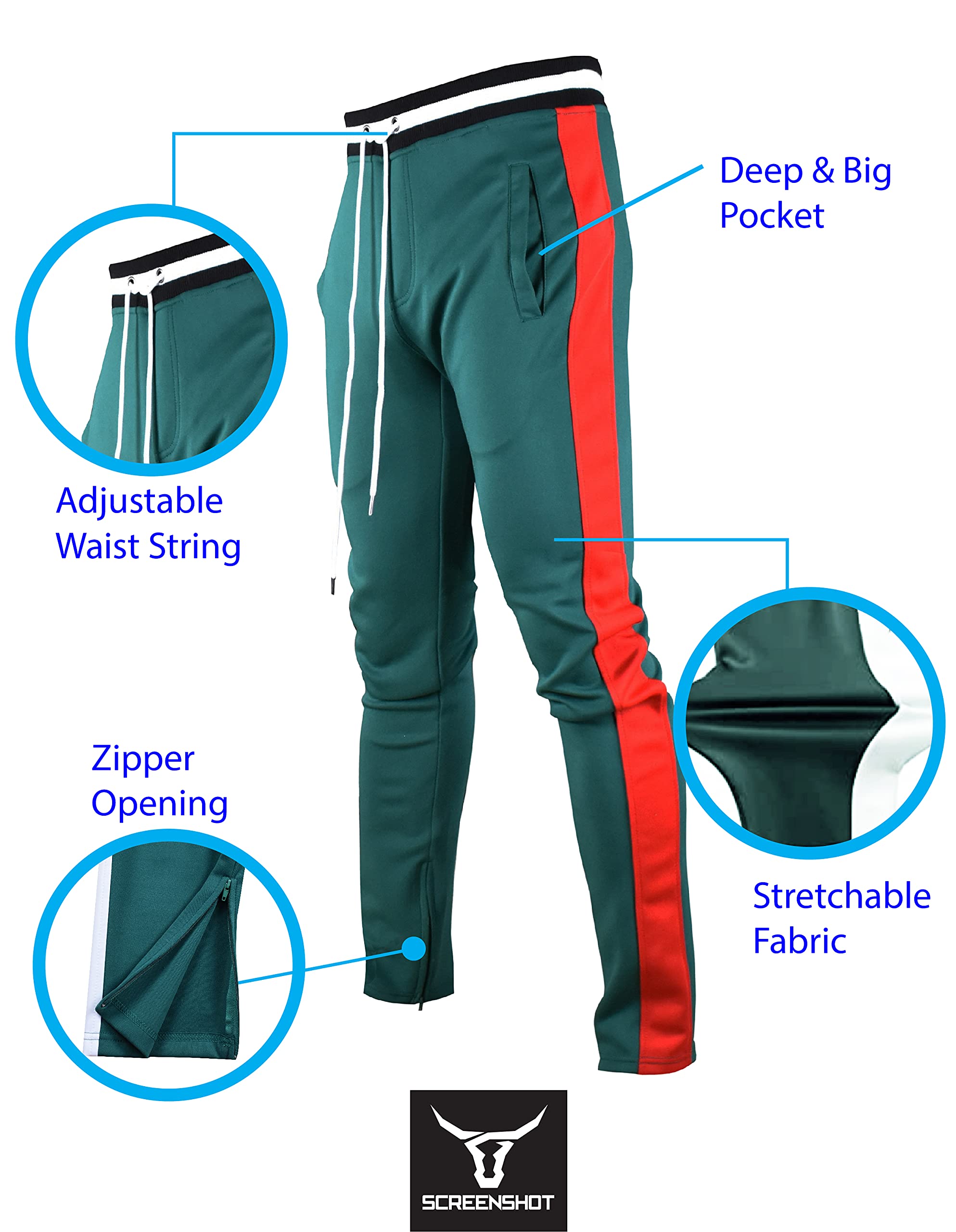 Screenshotbrand Mens Hip Hop Premium Slim Fit Track Pants - Athletic Jogger Bottom With Side Taping (4X-Large, S41700-Greenred)