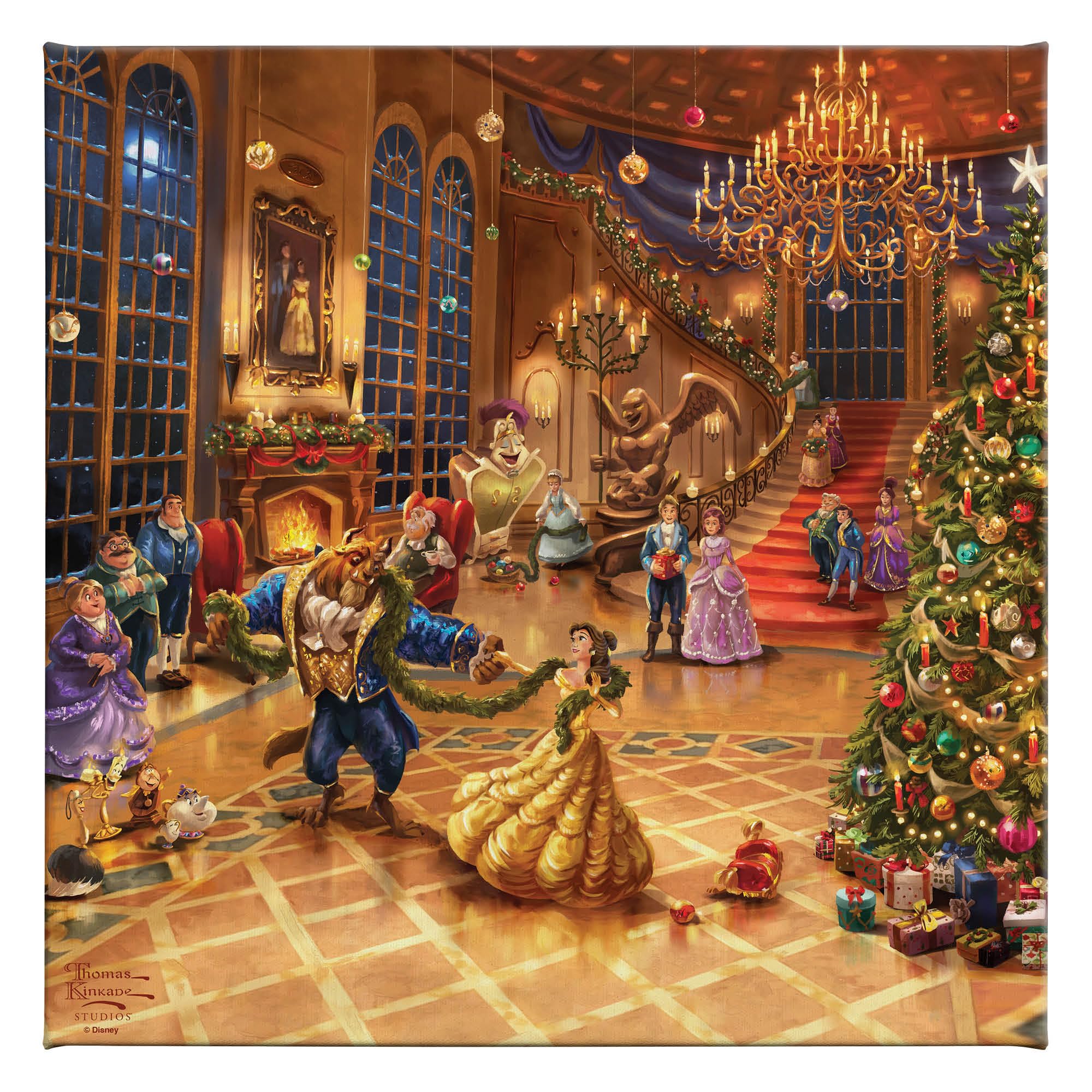 Thomas Kinkade Disney Beauty And The Beast Christmas Celebration 14'' X 14'' Gallery Wrapped Canvas Art | Frameless Room Wall Ar