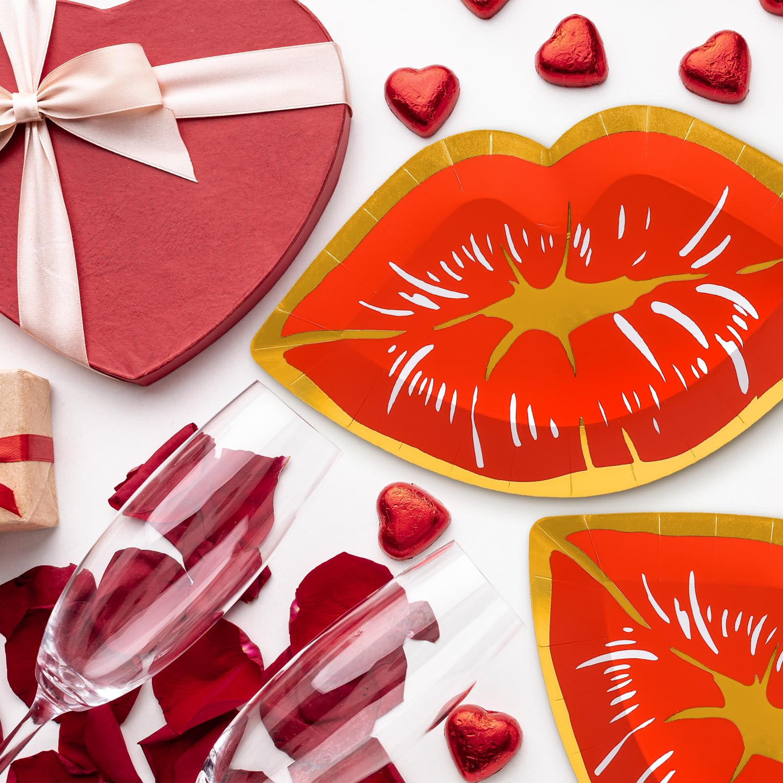 Jarthenaamcs 40Pcs Valentines Day Paper Plates Red Lips Shape Disposable Plates Gold Foil Border Decorative Tableware For Desser