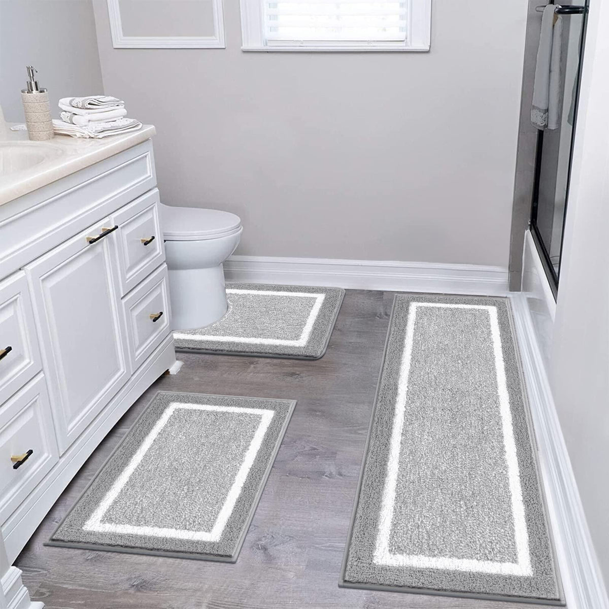 Pauwer Bathroom Rug Set 3 Piece, Non-Slip Absorbent Bath Mats, Microfiber Soft, Absorbent Plush Shaggy Carpets Includes U-Shaped