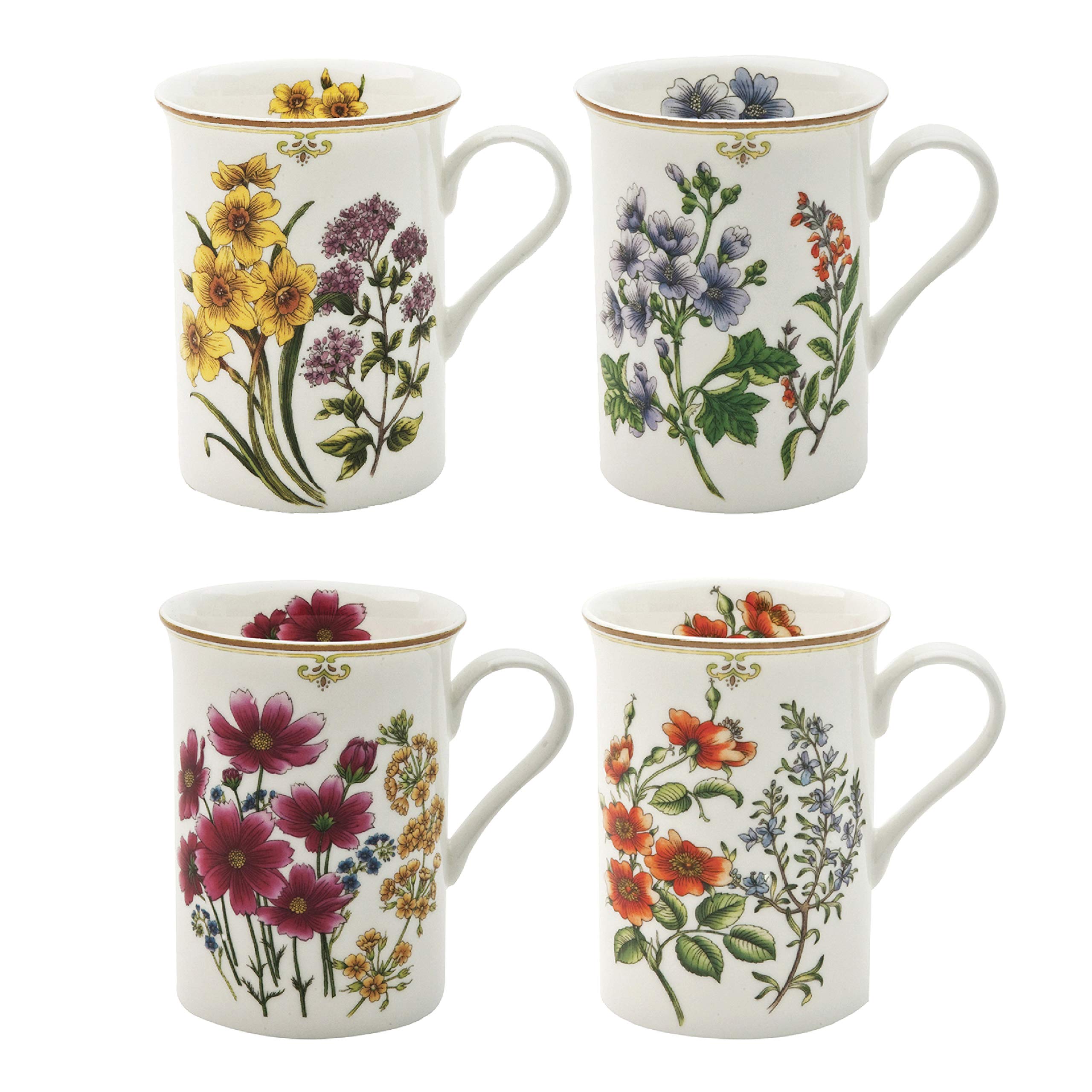 Grace Teaware Bone China Coffee Tea Mugs 9Ounce, Assorted Set of 4 (4 Assorted Botanicals)