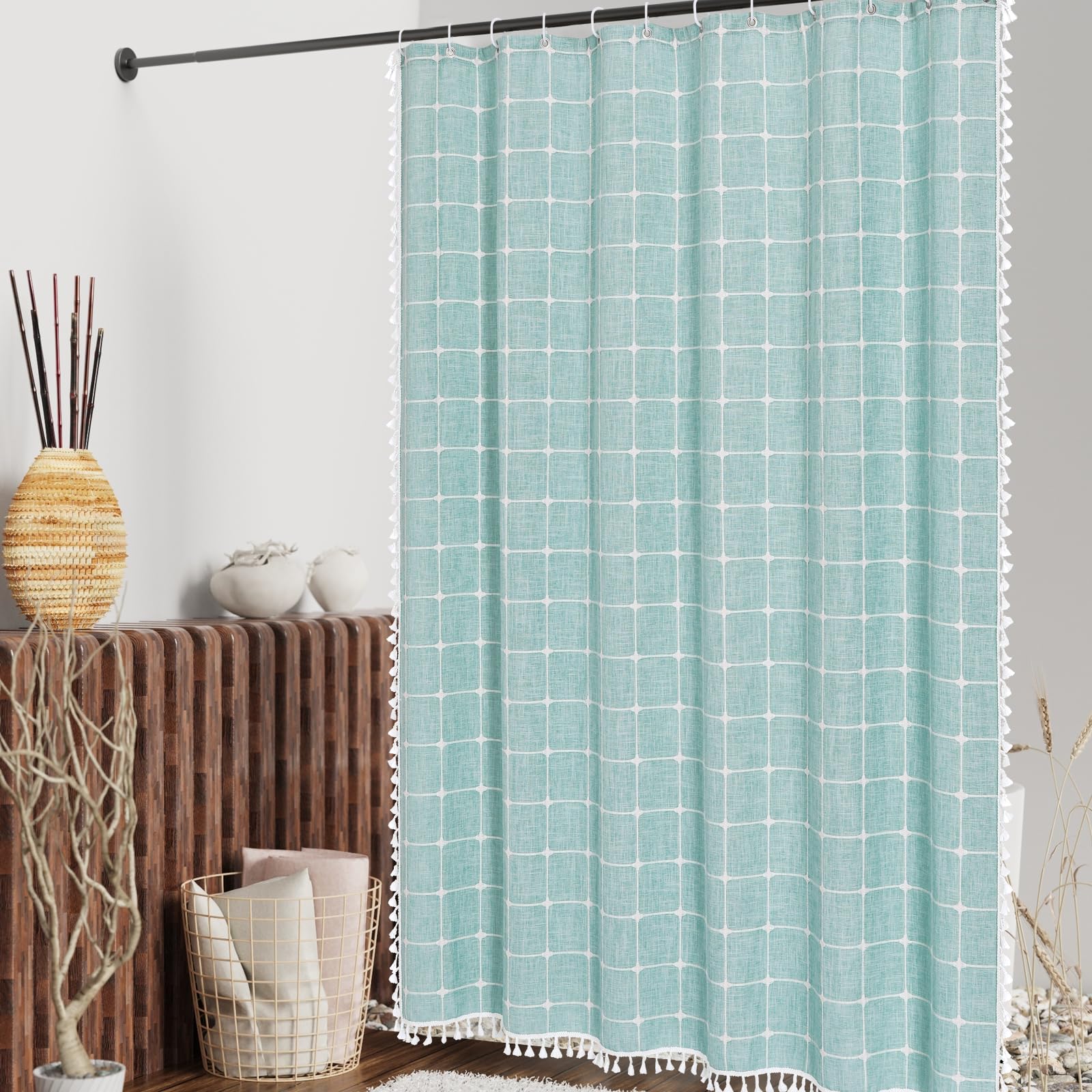 Mitovilla Teal Blue 36 X 72 Boho Small Stall Shower Curtain, Turquoise Narrow Cotton Linen Fabric Shower Curtains For Farmhouse