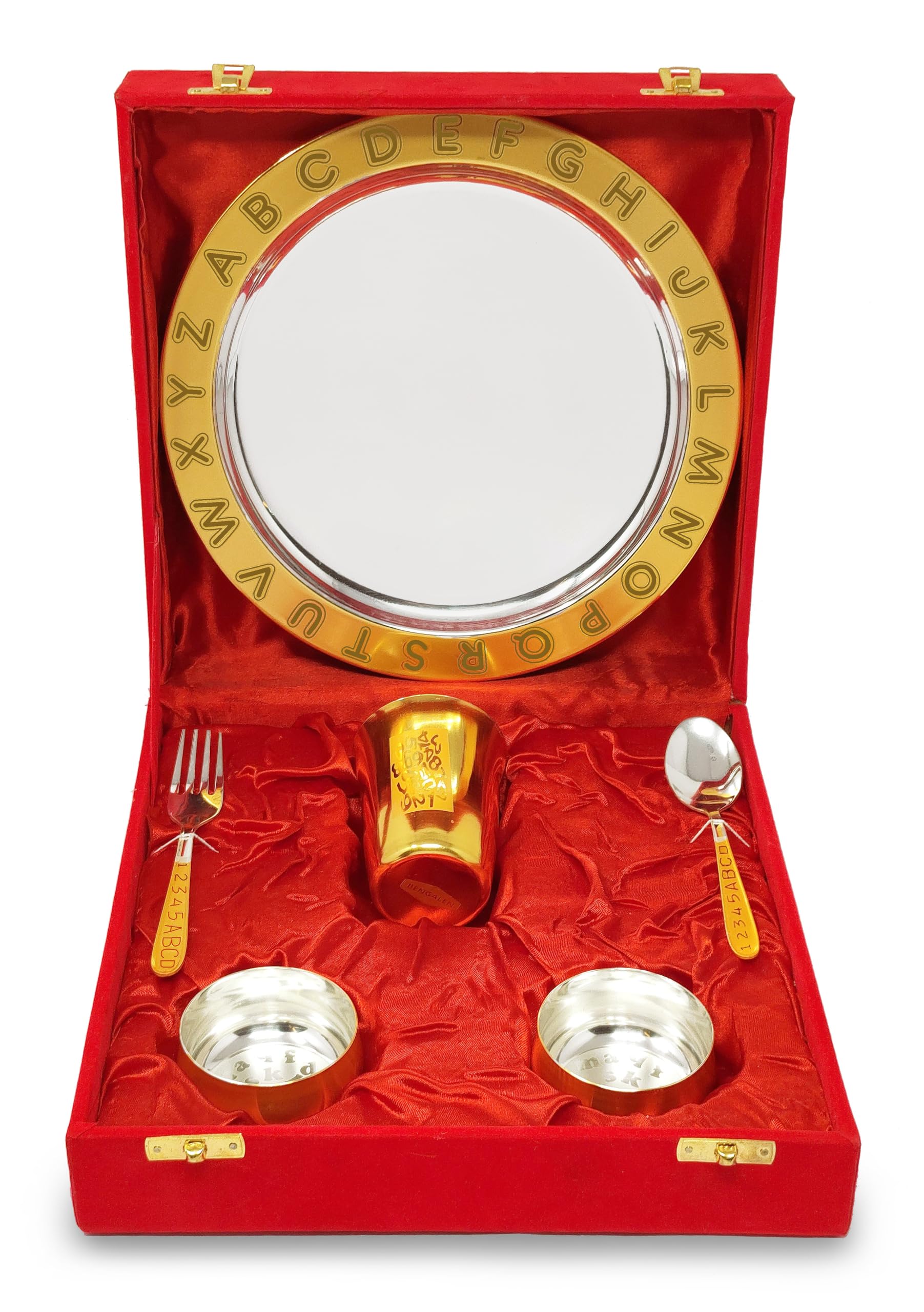 Bengalen Gold Plated Dinner Set With Red Velvet Gift Box For Baby Rice Ceremony Annaprashan Sanskar Gifts For Boys Girls Birthda