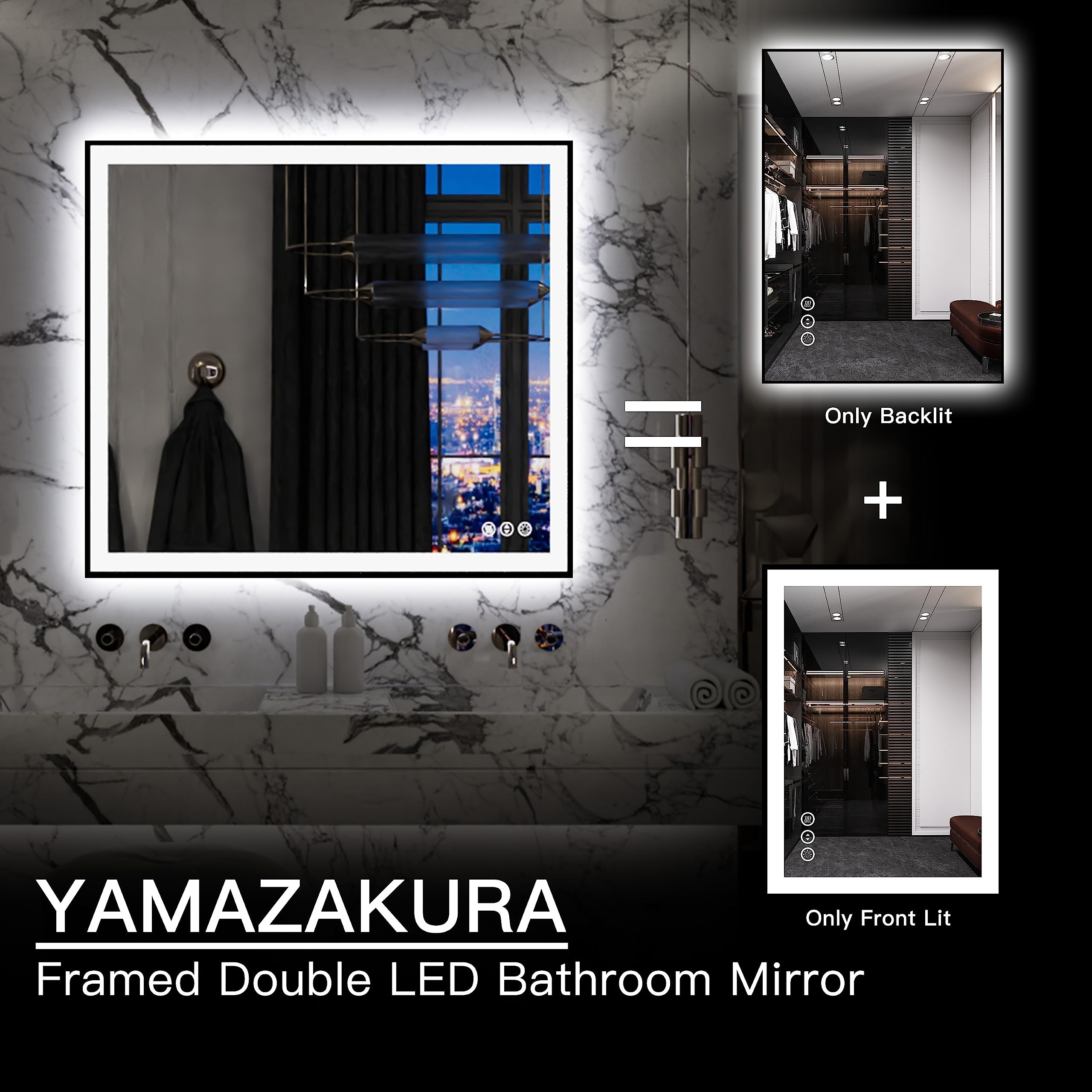 Yamazakura Lighted Bathroom Mirror 40X32 Backlit And Front Light Led Wall-Mounted Vanity Mirror Modern Rectangle Black Mirror (H