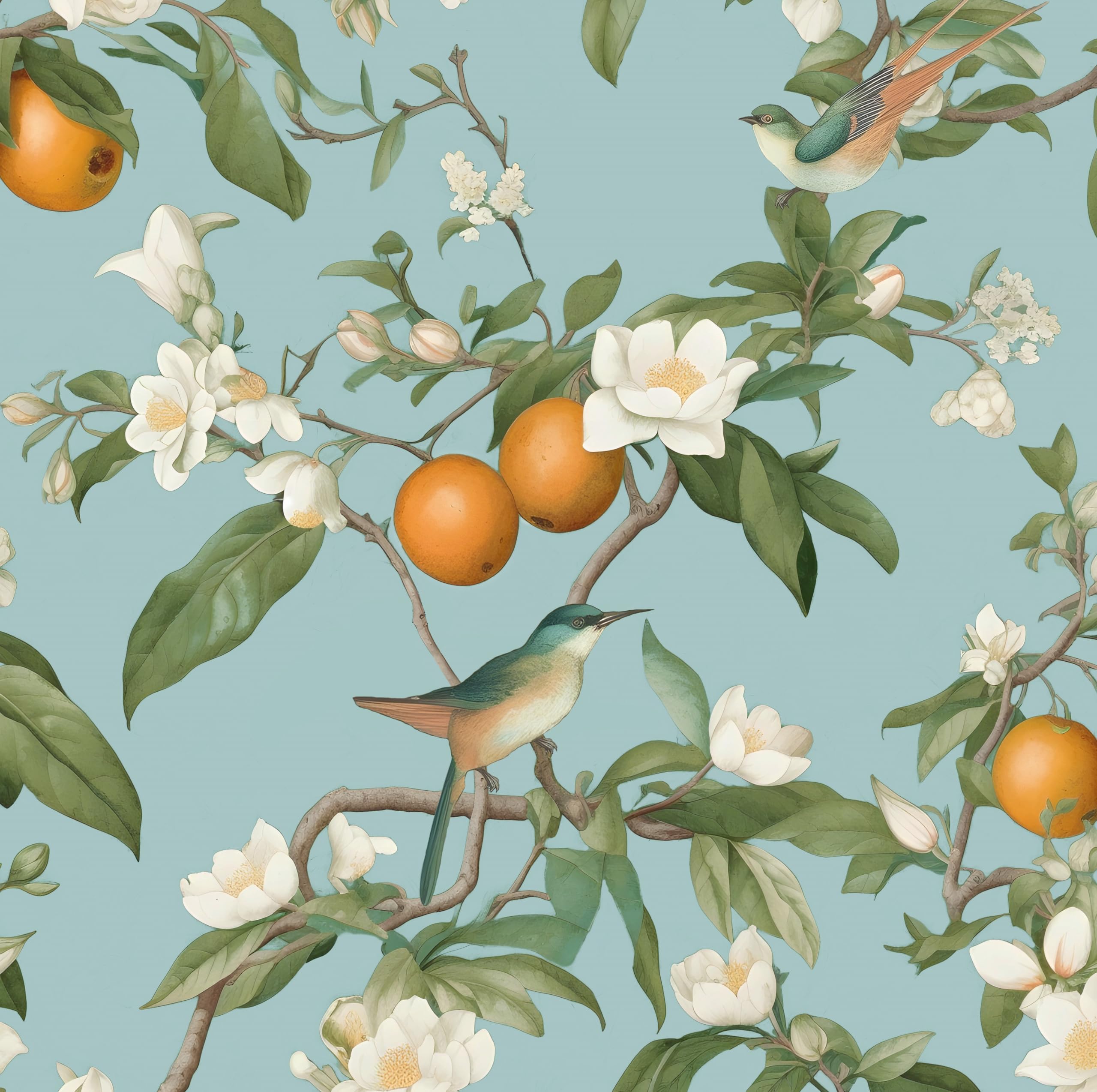 Blue Floral Wallpaper Peel And Stick, Vintage Bird Leaf Fruit Contact Paper, Self Adhesive Removable Retro Wall Mural Wall Paper