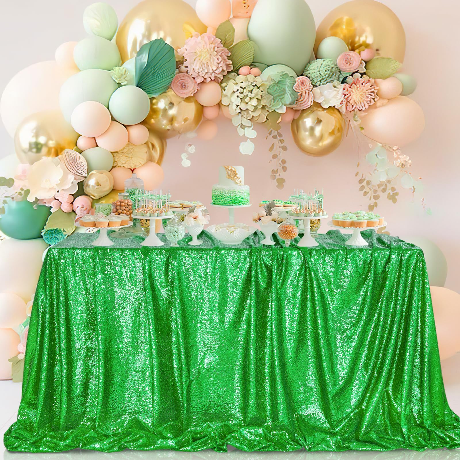 Queendream 60X102 Inches Green Table Clothes For Parties Birthday Wedding Sequin Tablecloth Cake Table Holiday Banquet Decoratio