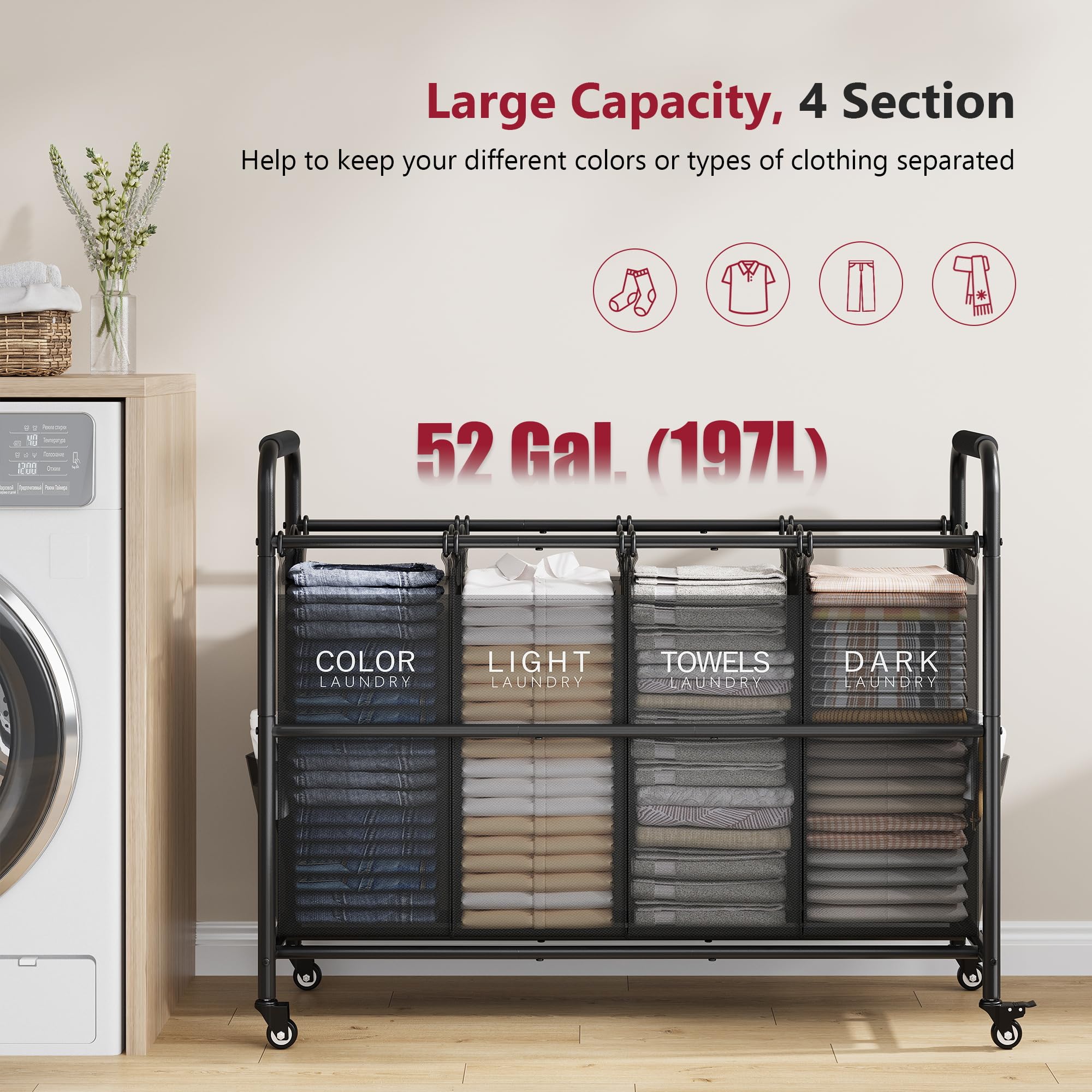 Tajsoon 4 Bag Laundry Sorter Cart  Laundry Hamper Sorter Basket with Heavy Duty Lockable Rolling Wheels for Clothes Storage Black