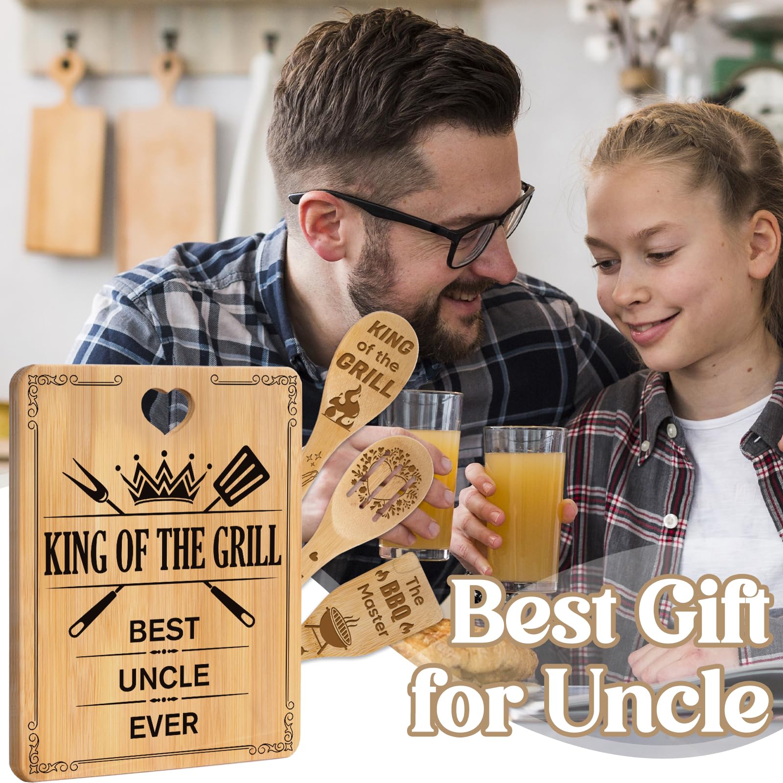 Best Uncle Gifts -  King of The Grill, Best Uncle Ever  Uncle Christmas Gifts Cutting Board Set, Bamboo-Made Engraved Utensil Se