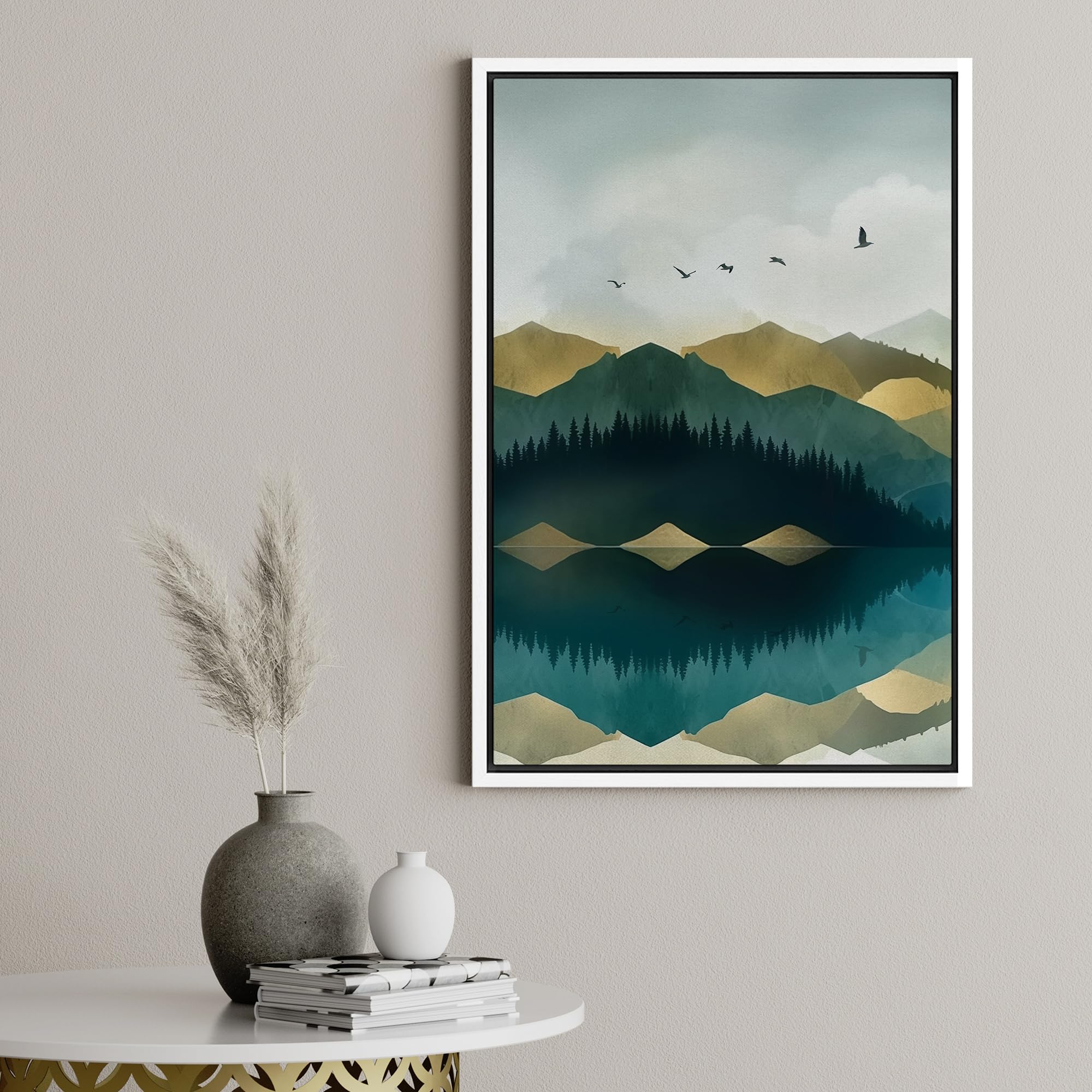 Signford Framed Canvas Print Wall Art Birds Soaring Over Mountain Reflection Nature Wilderness Illustrations Modern Art Decorati