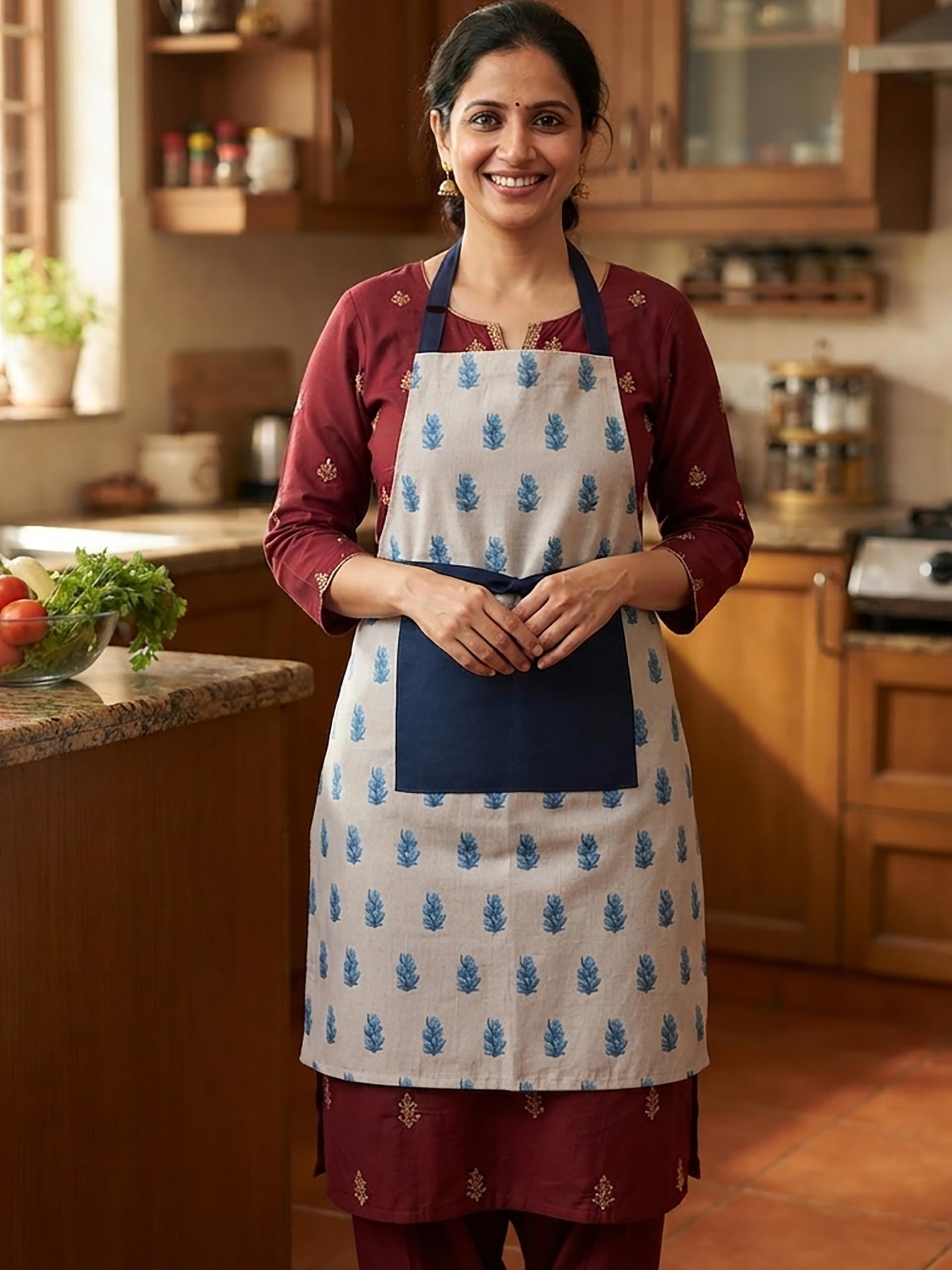 Home Colors.In 100% Cotton Mughal Floral Print Cooking Kitchen Apron For Women Chef Apron With Adjustable Neck Strap And Ties Wi