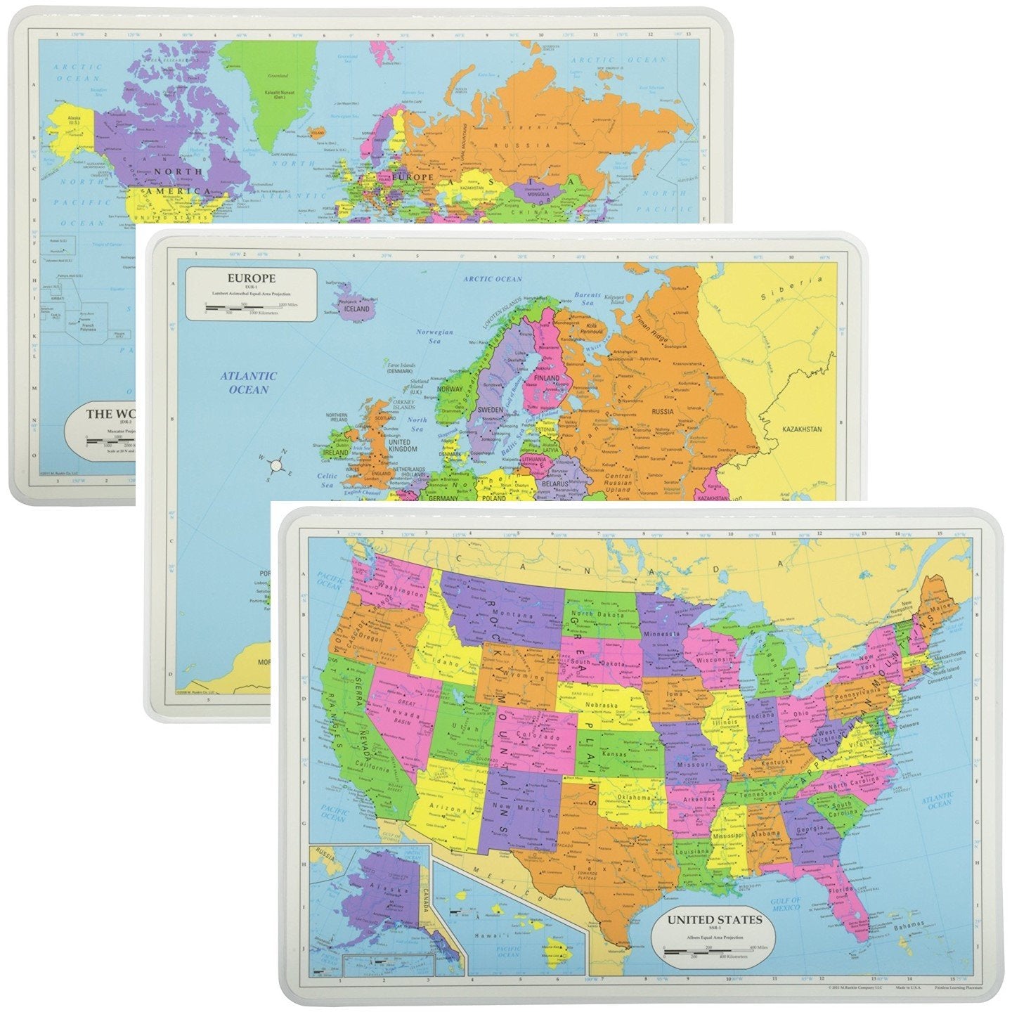 Painless Learning Educational Placemats Sets World Usa And Europe Maps Non Slip Washable
