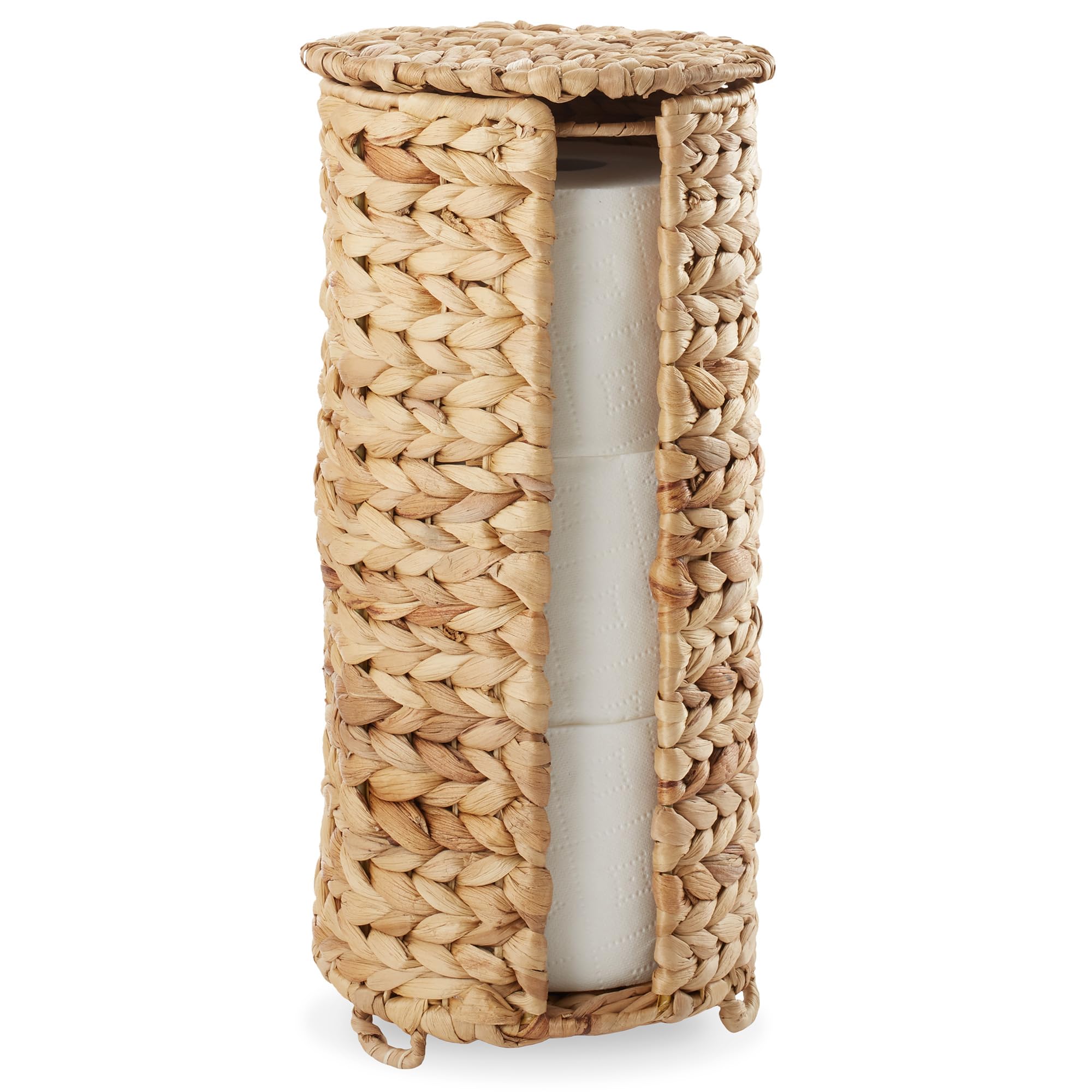 Casafield Free Standing Toilet Paper Storage Roll Holder with Lid - Natural, Fits 3 Rolls, Water Hyacinth Bath Tissue Organizer 