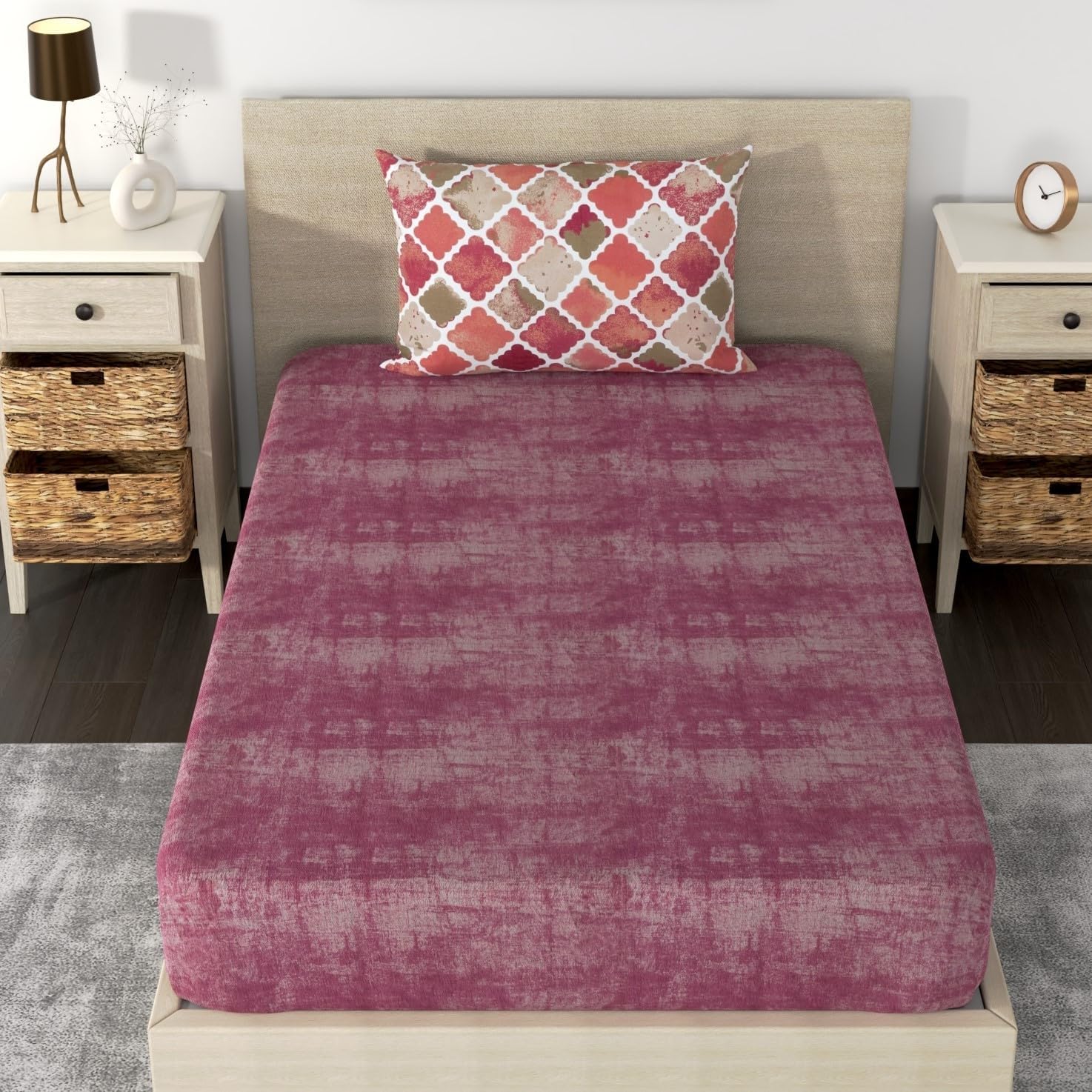Huesland by Ahmedabad Cotton 210 TC Elastic Bedsheet Single Bed Cotton with 1 Pillow Cover | 36 x 78 inches | Mulberry, Beige & 