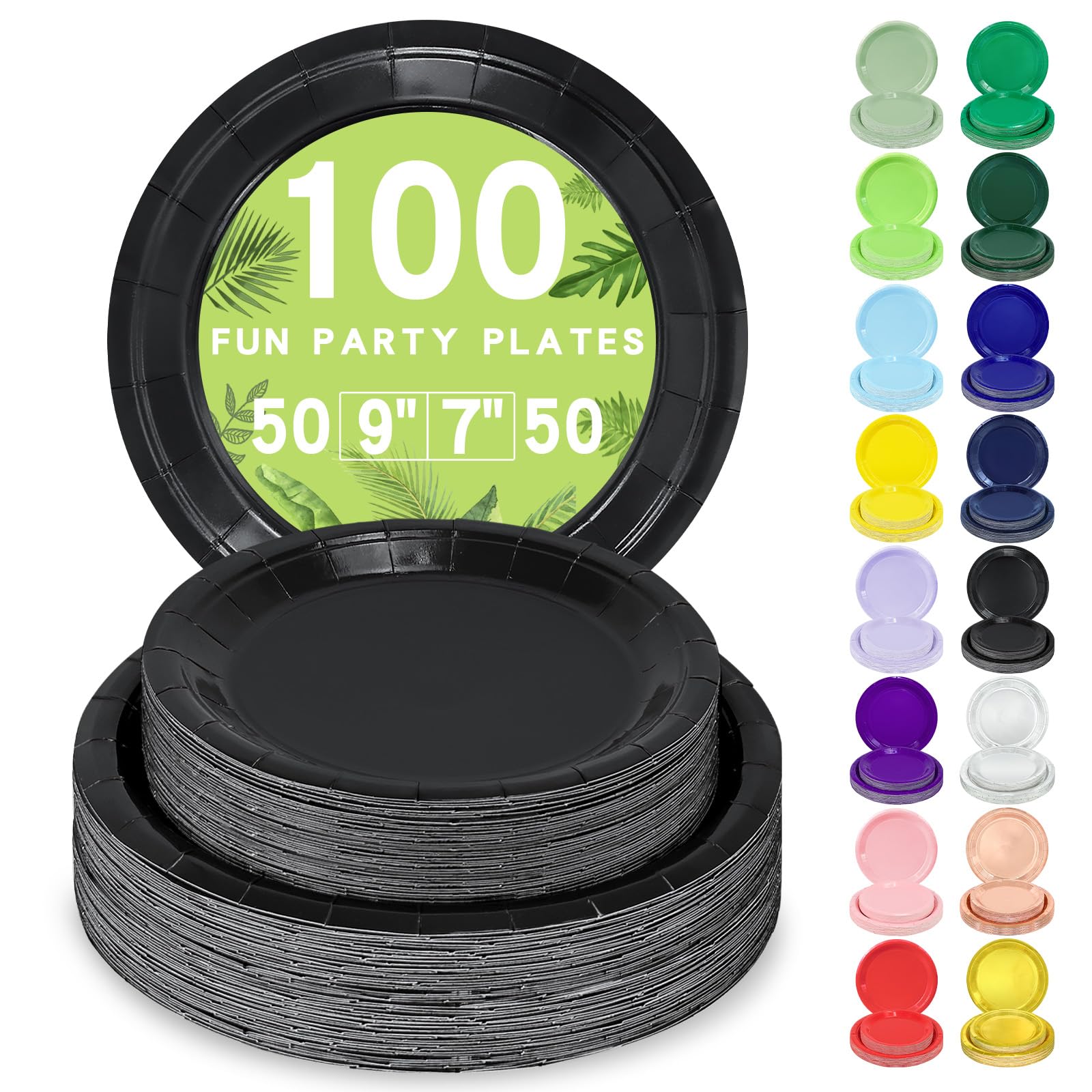 LANLISA 100 Black Paper Plates Disposable Set Includes 50-9 & 50-7 Disposable Dessert Cake Paper Plates For Party Supplies
