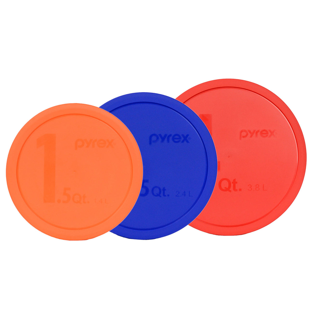 Pyrex (1) 326-Pc 4Qt Red, (1) 325-Pc 2.5Qt Blue, & (1) 323-Pc 1.5Qt Orange Plastic Storage Lid, Made In Usa