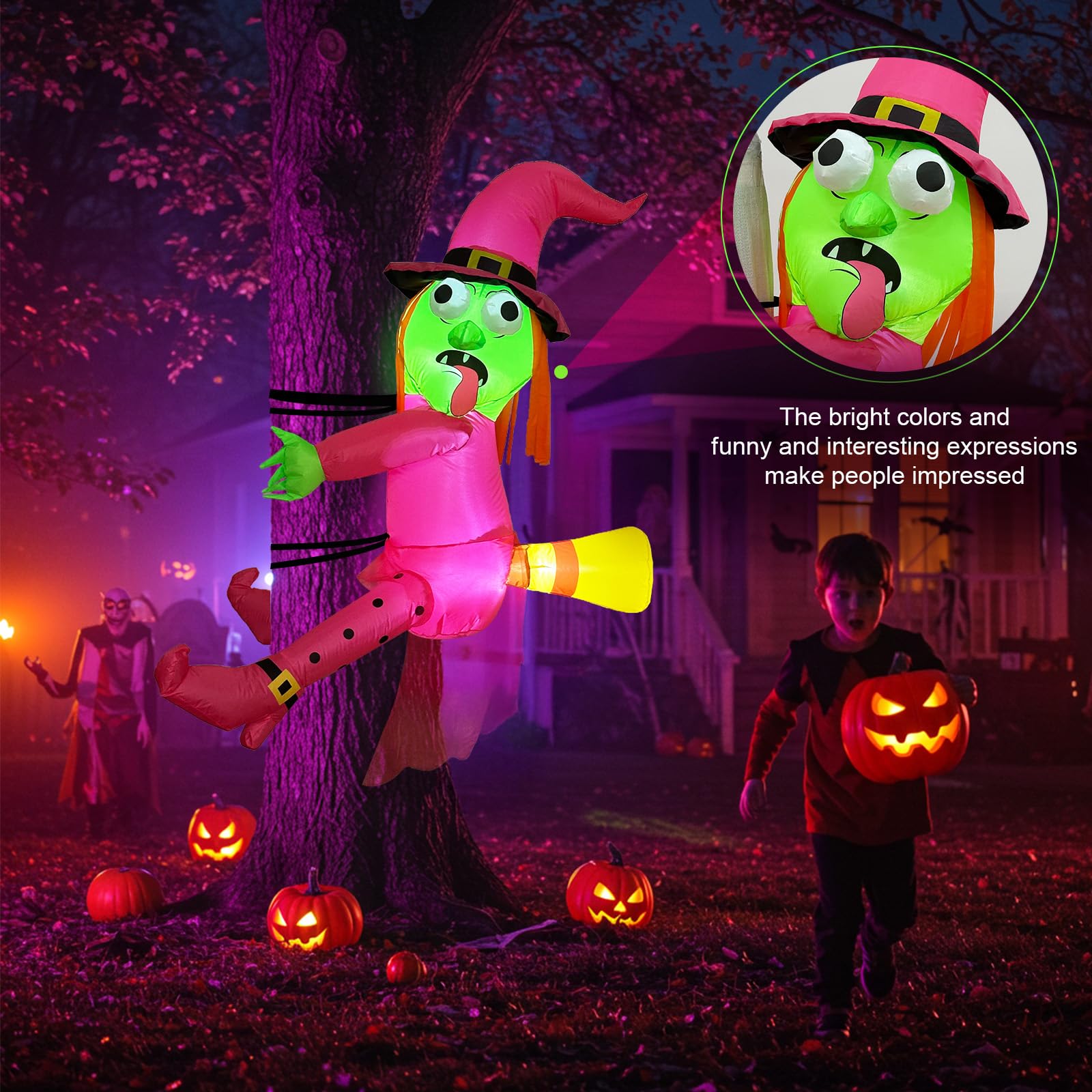 Fayavoo 4FT Halloween Inflatables Witch Outdoor Decoration, Funny Blow Ups Witch Crashing into Tree, Pink Halloween Yard Dec or