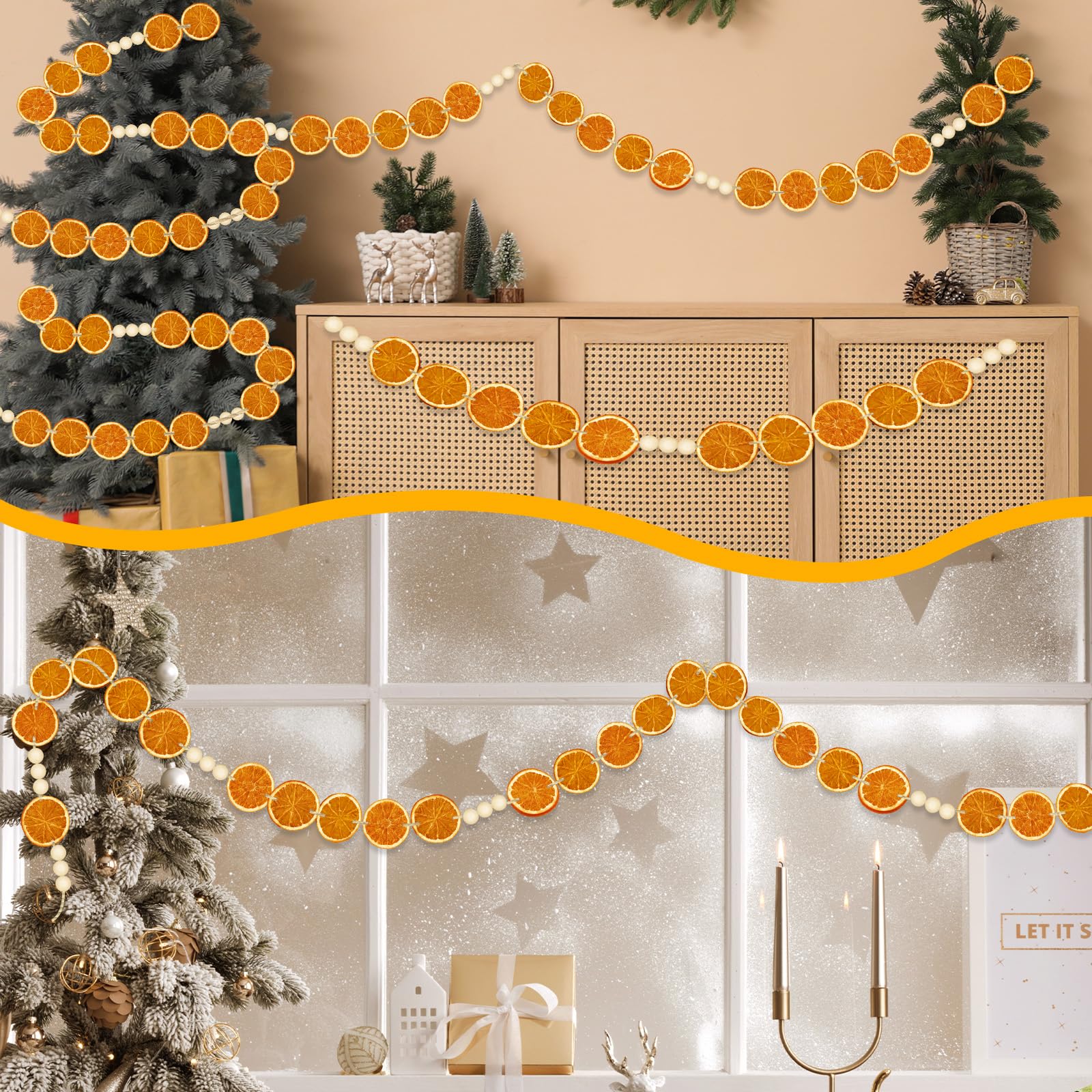 10Ft Christmas Orange Slice Garland Dried Orange Wooden Beads Garland Hanging Decorations Natural Rustic Ornament DIY Handmade C