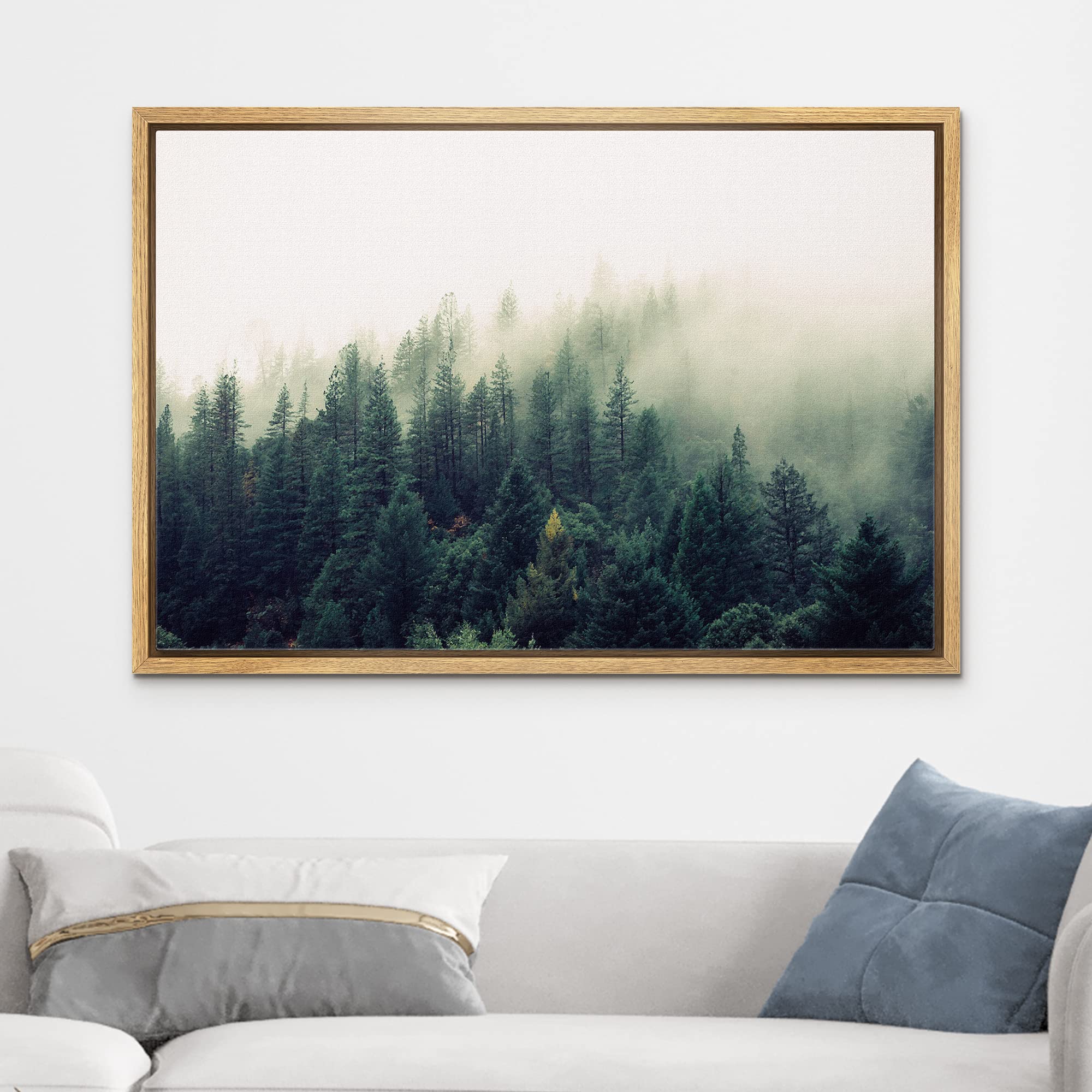 wall26 Framed Canvas Print Wall Art Misty Green Forest Pine Trees in Sunlight Nature Wilderness Photography Modern Art Rustic Scenic Colorful for Living Room  Bedroom  Office - 16''x24'' Natural