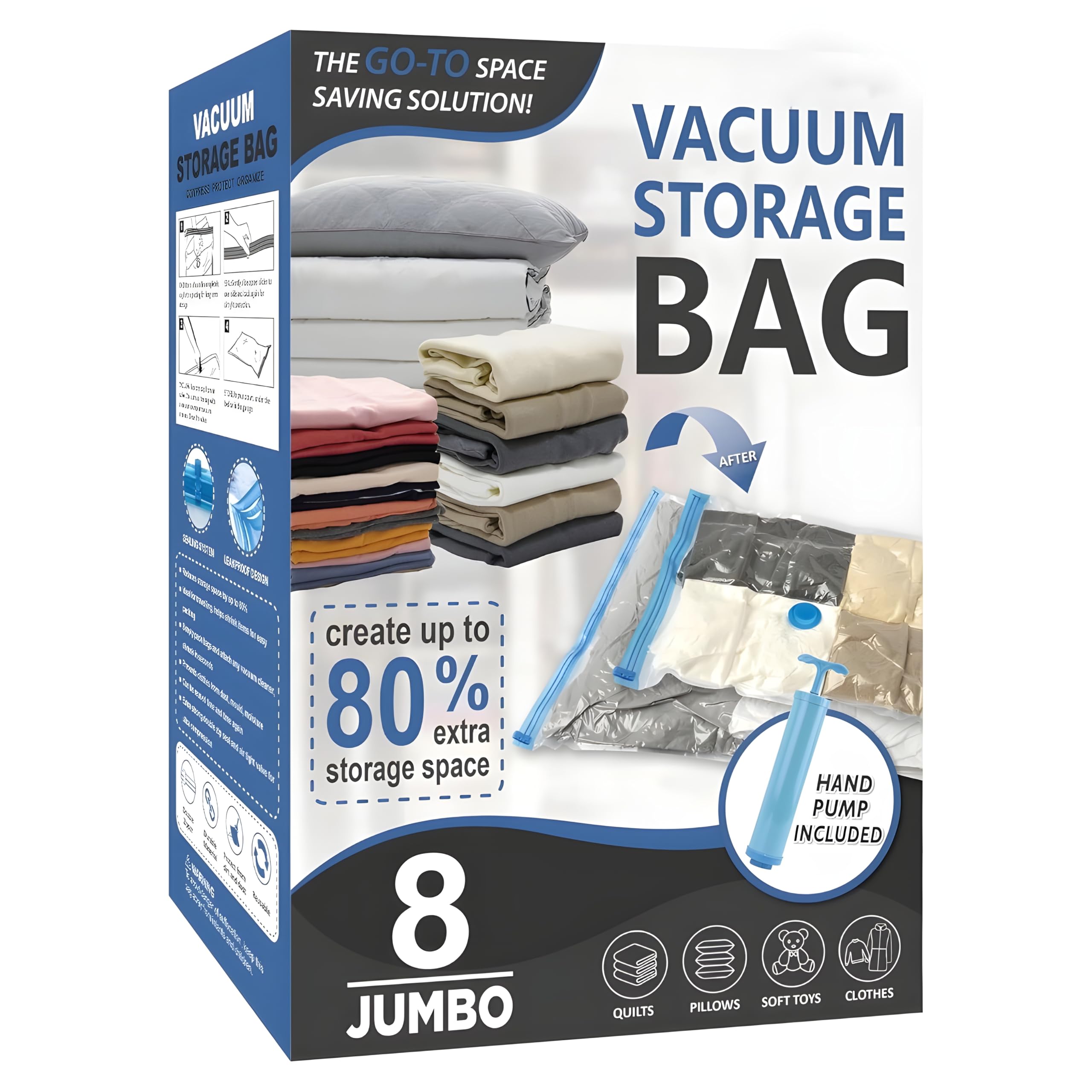 Senvox 8 Pcs Jumbo Vacuum Storage Bags With Hand Pump | Reusable, Airtight & Durable | Space Saver Vacuum Bags For Clothes, Quil