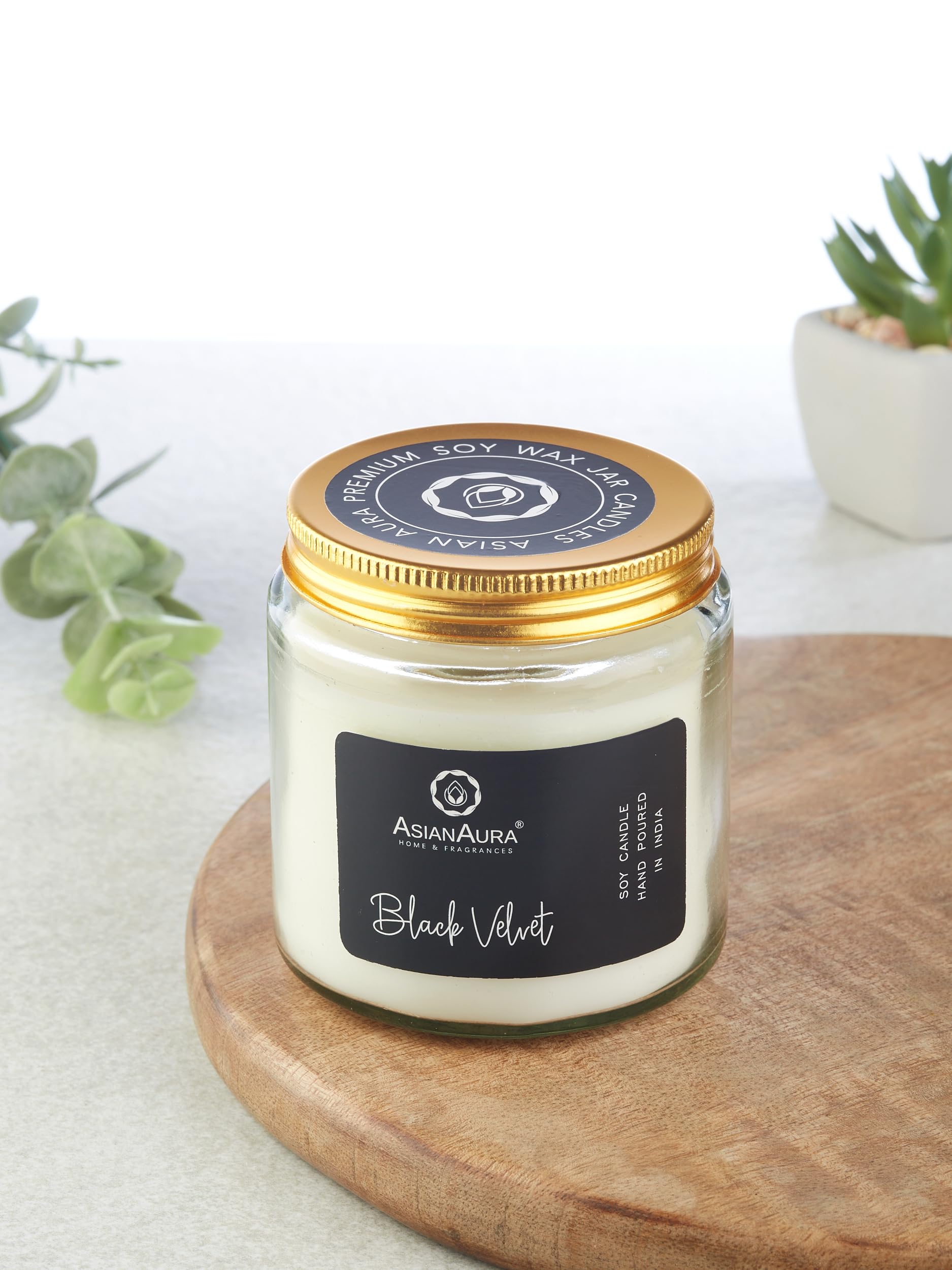 Asian Aura Scented Glass Jar Candle - 450g (Gross Wt.) - Black Velvet |36 Hours Burn Time |Smoke-Free Aroma Candle for Home Frag