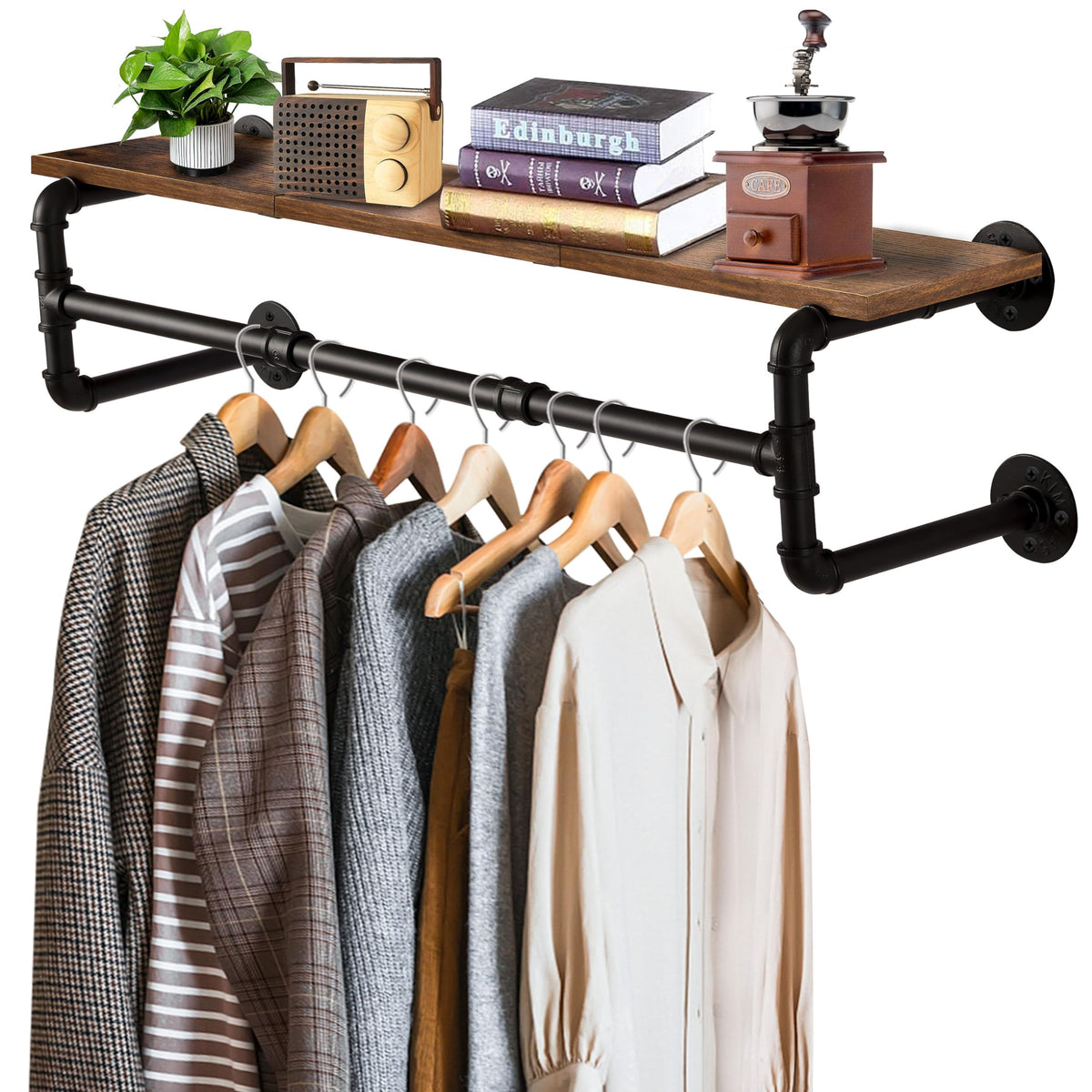 Yawinhe Industrial Pipe Clothing Rack With Shelves, Wall Mounted, Space Saving Closet Rod With 4 Bases, For Shops, Homes, 41.3''