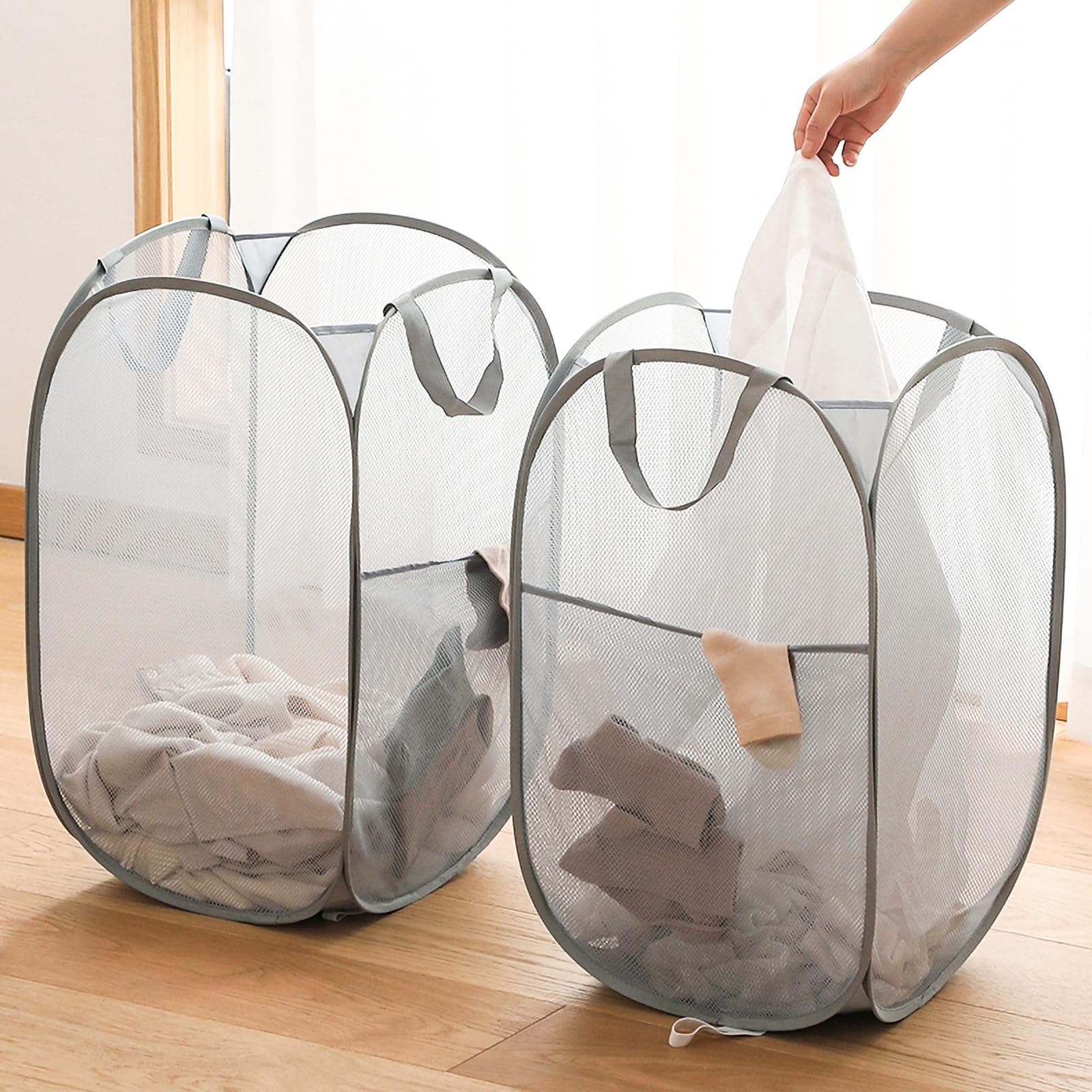 Collapsible Mesh Laundry Basket,Pop Up Laundry Hamper-Easy Storage, Ideal For Home And Travel Use (2 Light Gray)