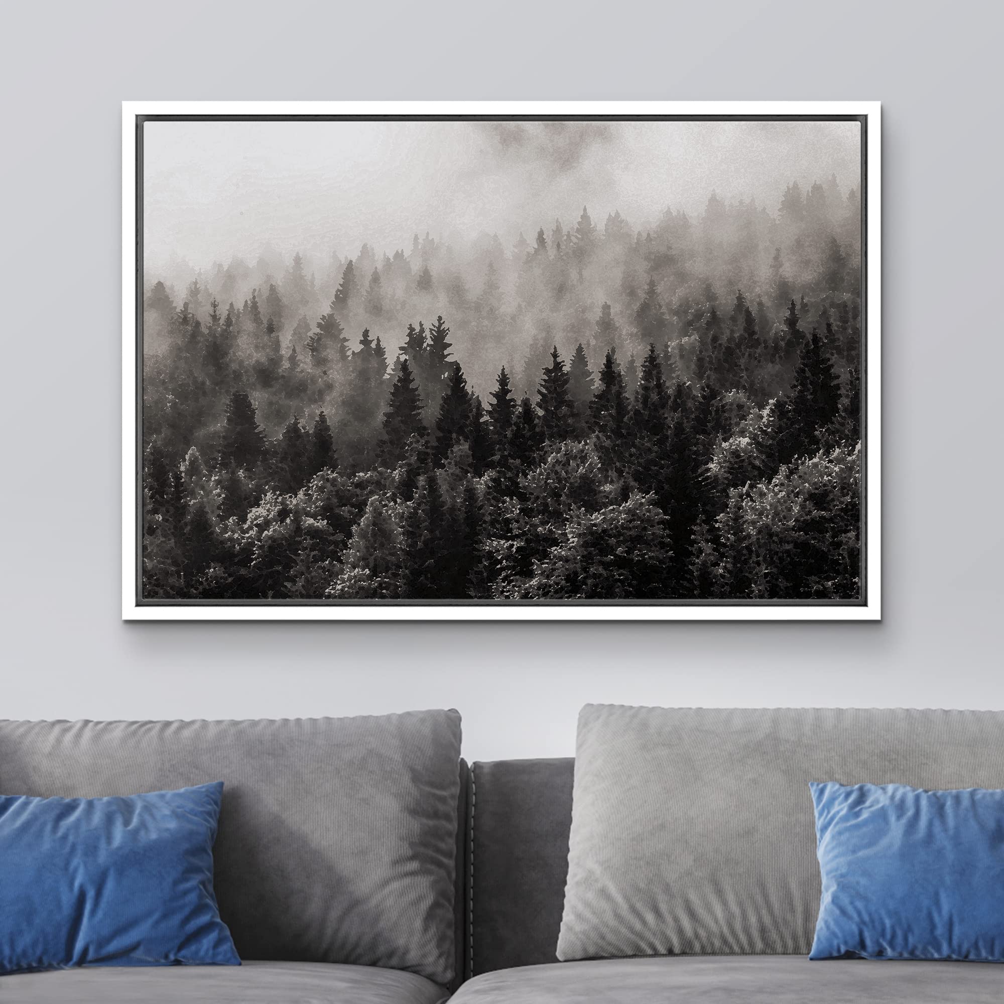 Wall26 Framed Canvas Wall Art - Misty Forest In Black And White - Gallery Wrap Modern Home Art | Ready To Hang - 24''X36'' White