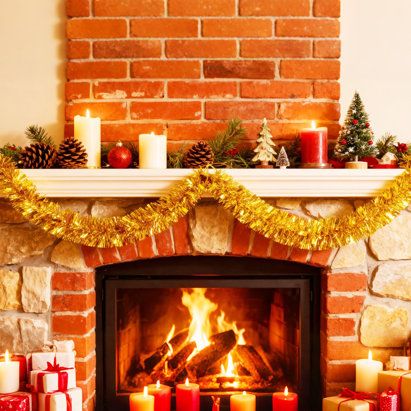 50Ft Gold Christmas Garland Decorations,Xams Tinsel Stems Non-Lit Soft Twist Garland Decor for Tree Stairs Railing Front Door Ma